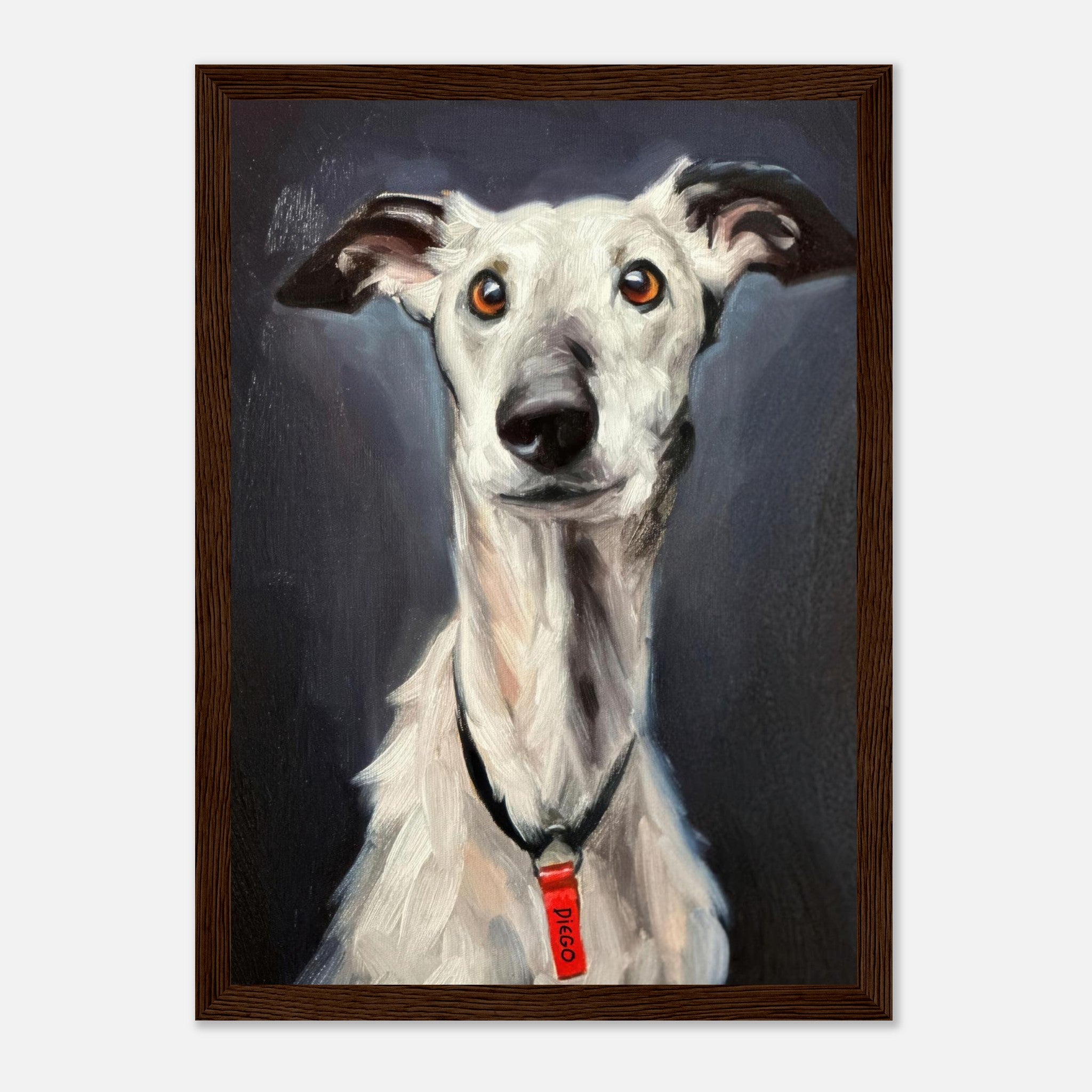 Framed print of a Greyhound dog painting, showcasing its soulful expression and graceful charm.