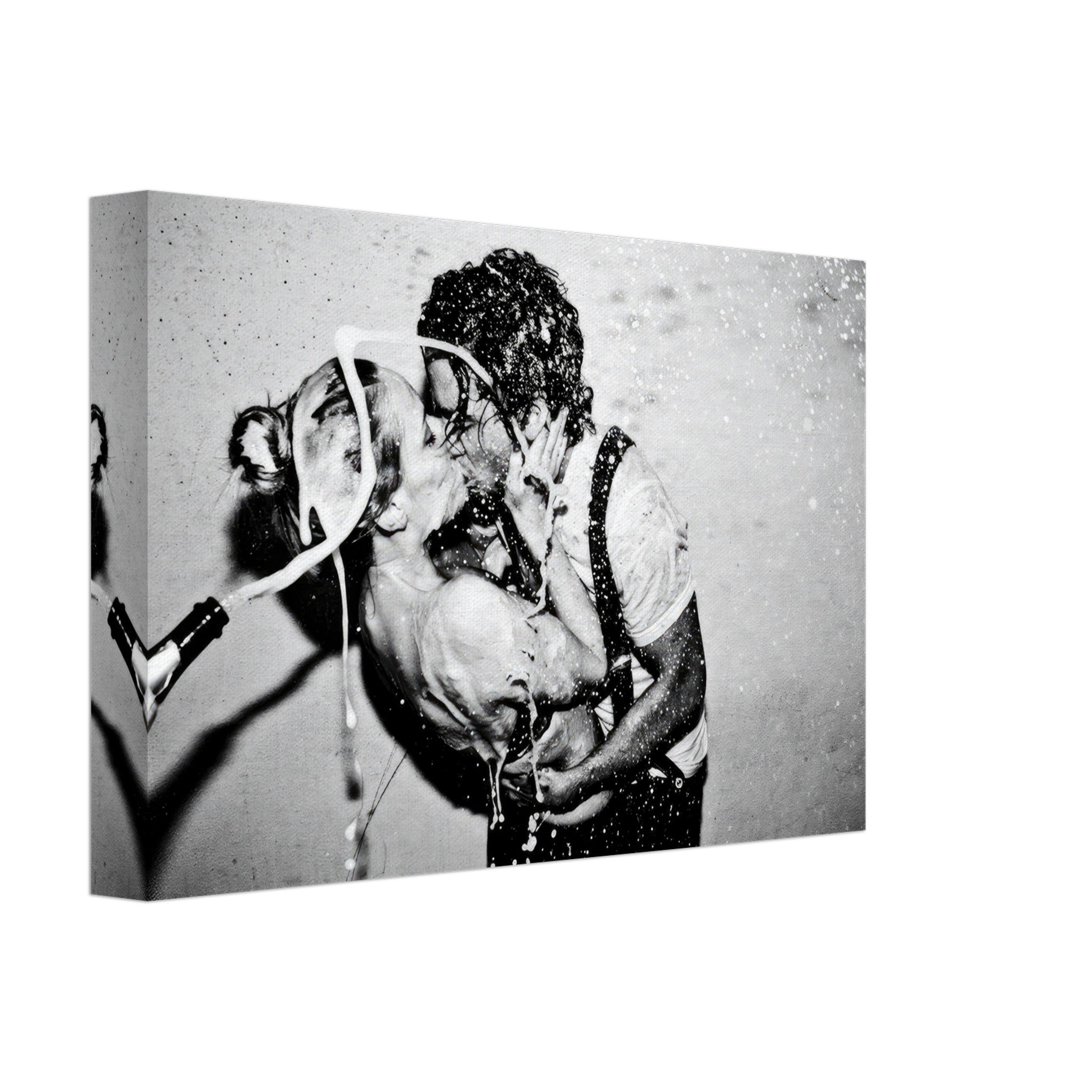 Black-and-white canvas print of Johnny Depp and Kate Moss sharing a passionate kiss, celebrating iconic romance.
