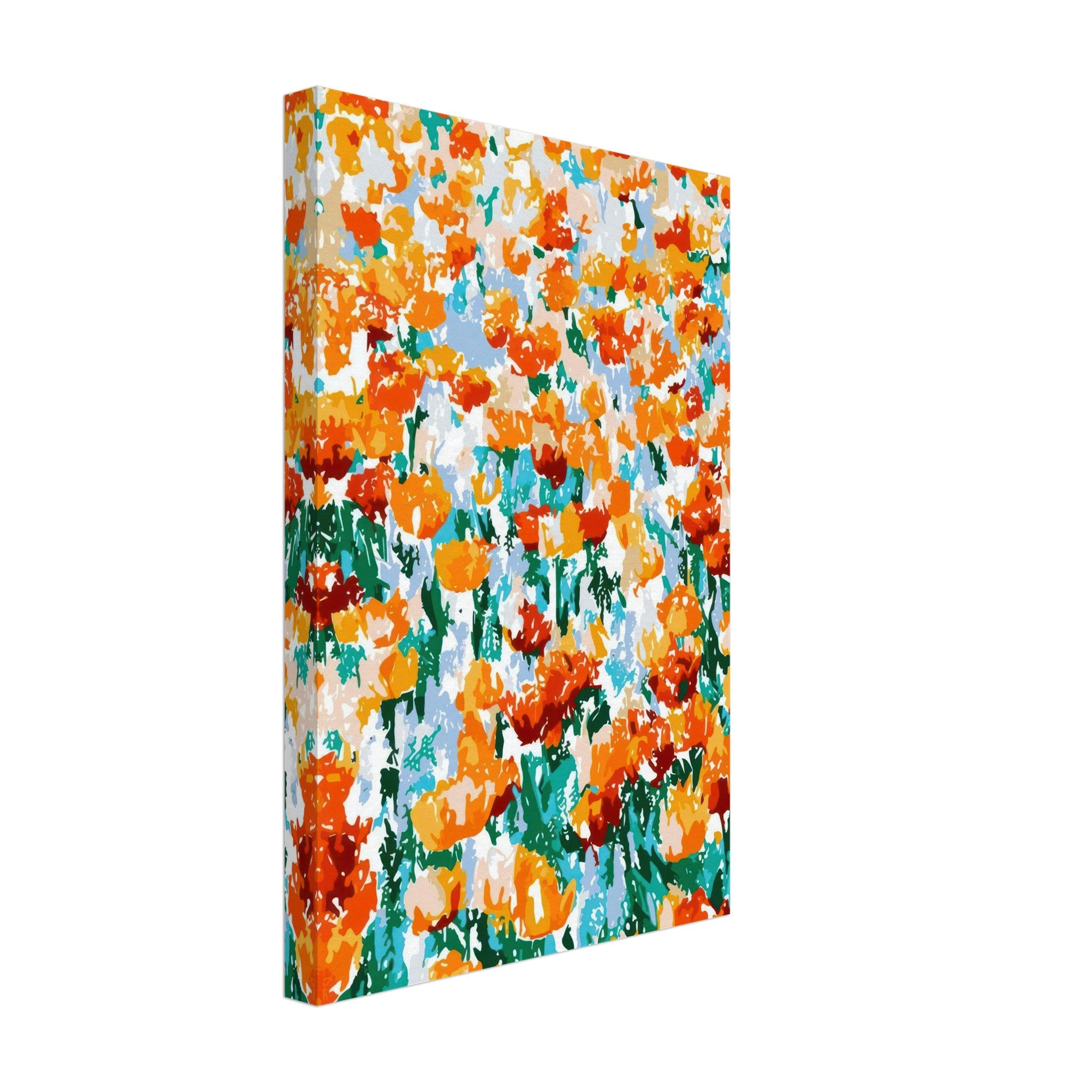 Abstract floral tulip garden canvas print featuring vibrant orange and red tulips on a colorful background.