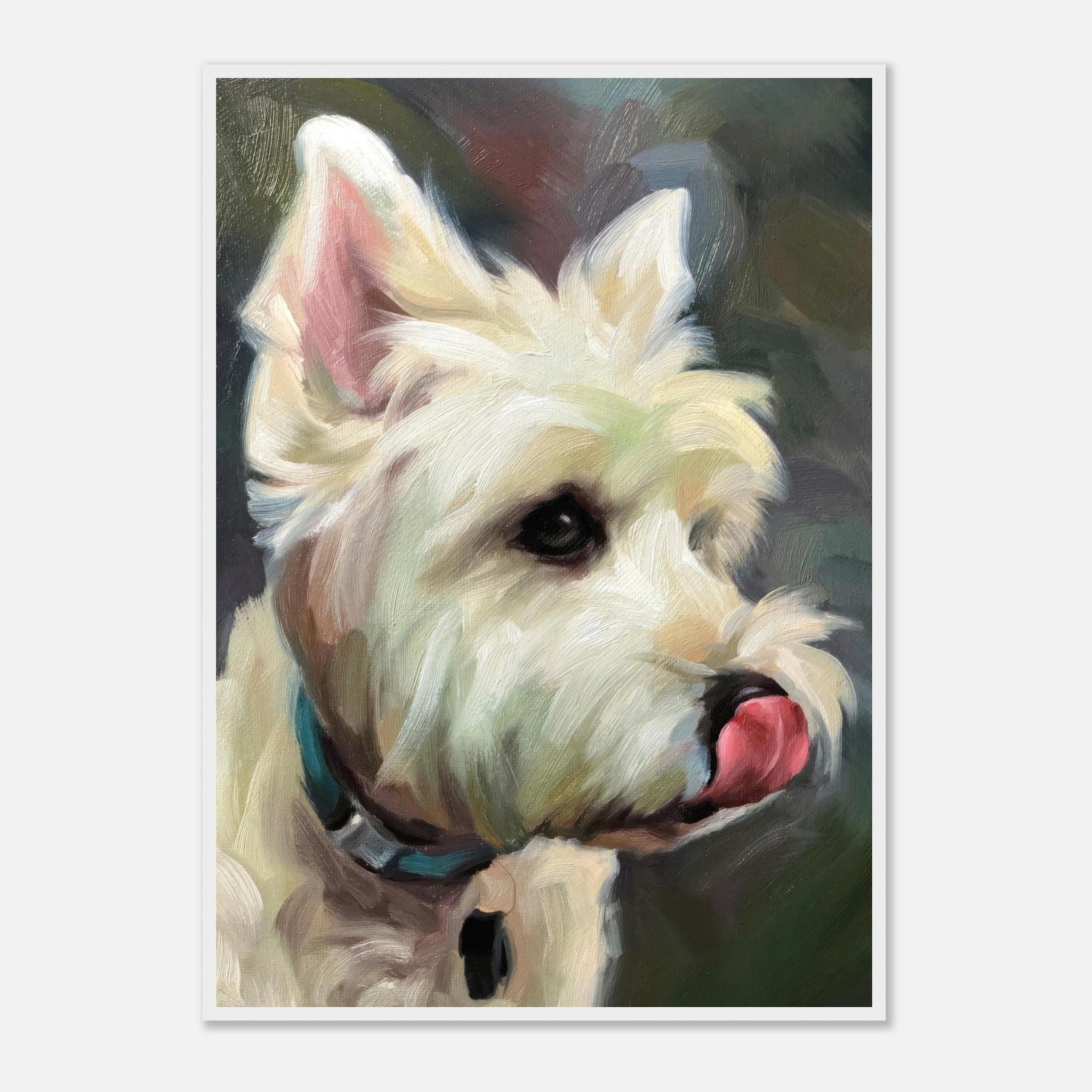 Westie dog painting framed print showcasing a charming West Highland White Terrier with expressive features.