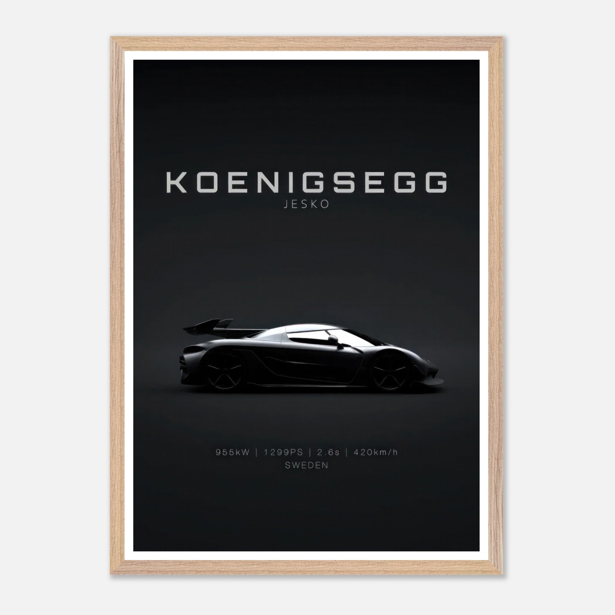 Koenigsegg Jesko vintage framed art featuring sleek design on a minimalist black background.