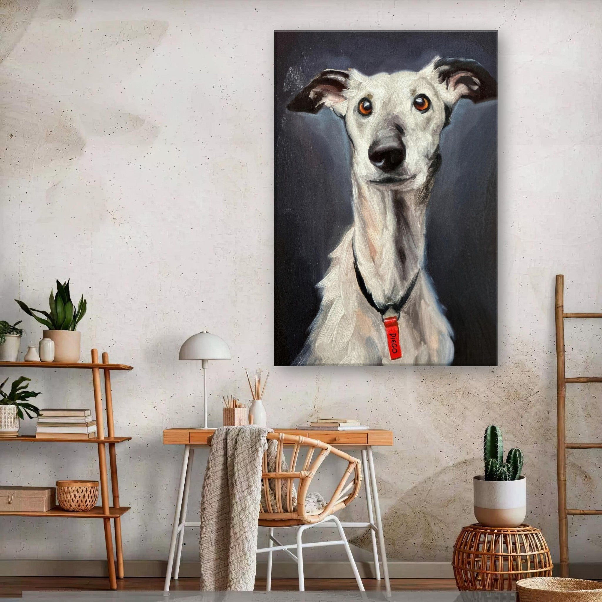 Elegant greyhound dog painting canvas print displayed in stylish interior with modern furniture.