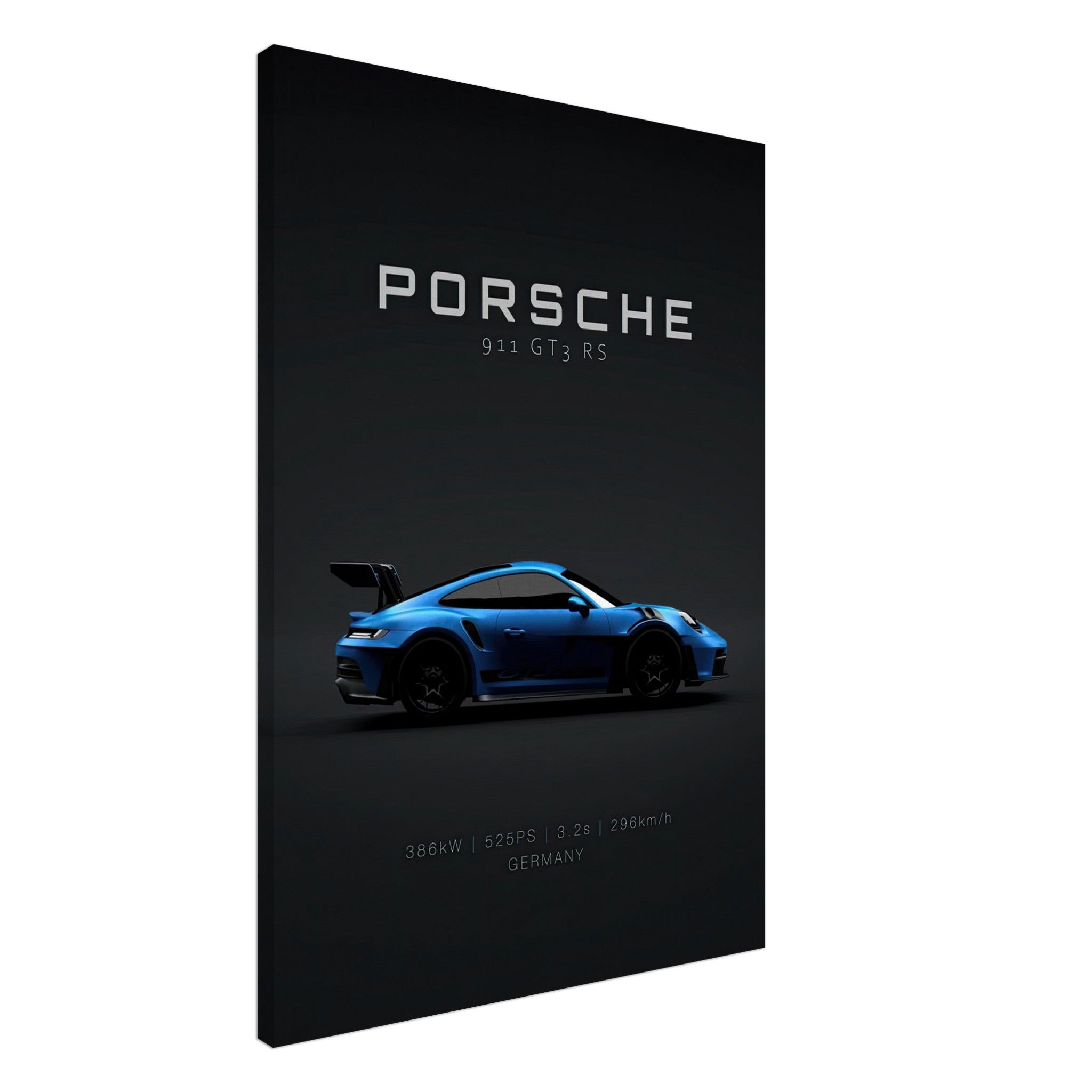 Porsche 911 GT3 RS canvas art featuring a blue sports car on a black background with specifications.