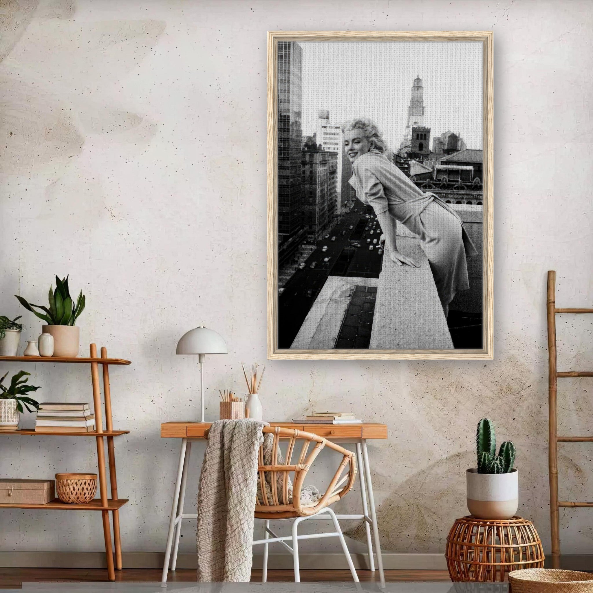 Marilyn Monroe framed canvas on NYC rooftops, capturing timeless elegance in a stylish interior setting.