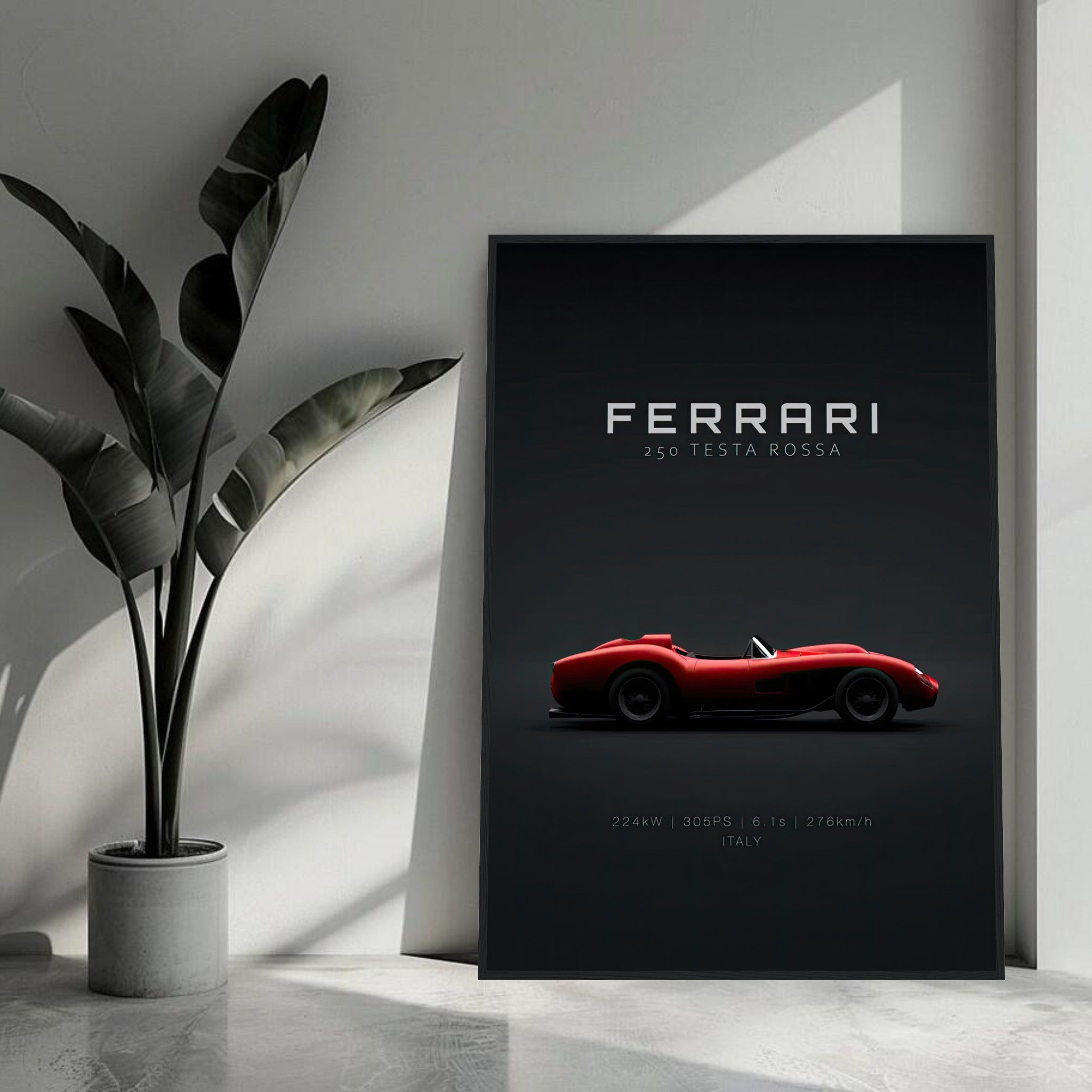 Ferrari 250 Testa Rossa framed poster showcasing sleek red car design on minimalist black background.