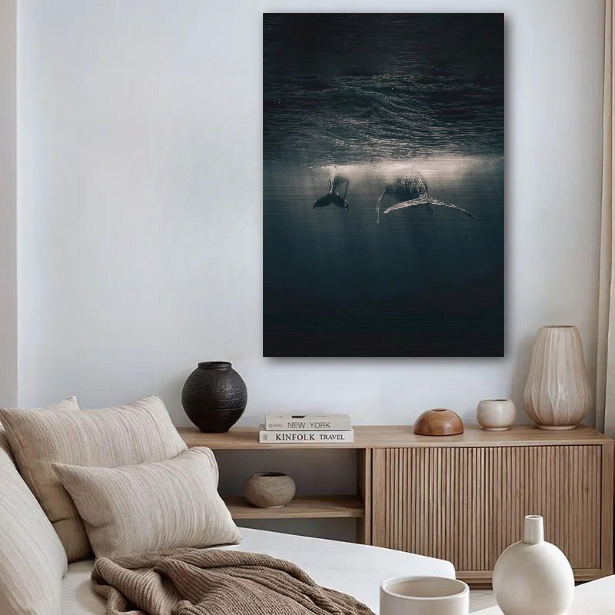 Whales underwater artwork in brushed metal print, adding serene elegance to contemporary home decor.