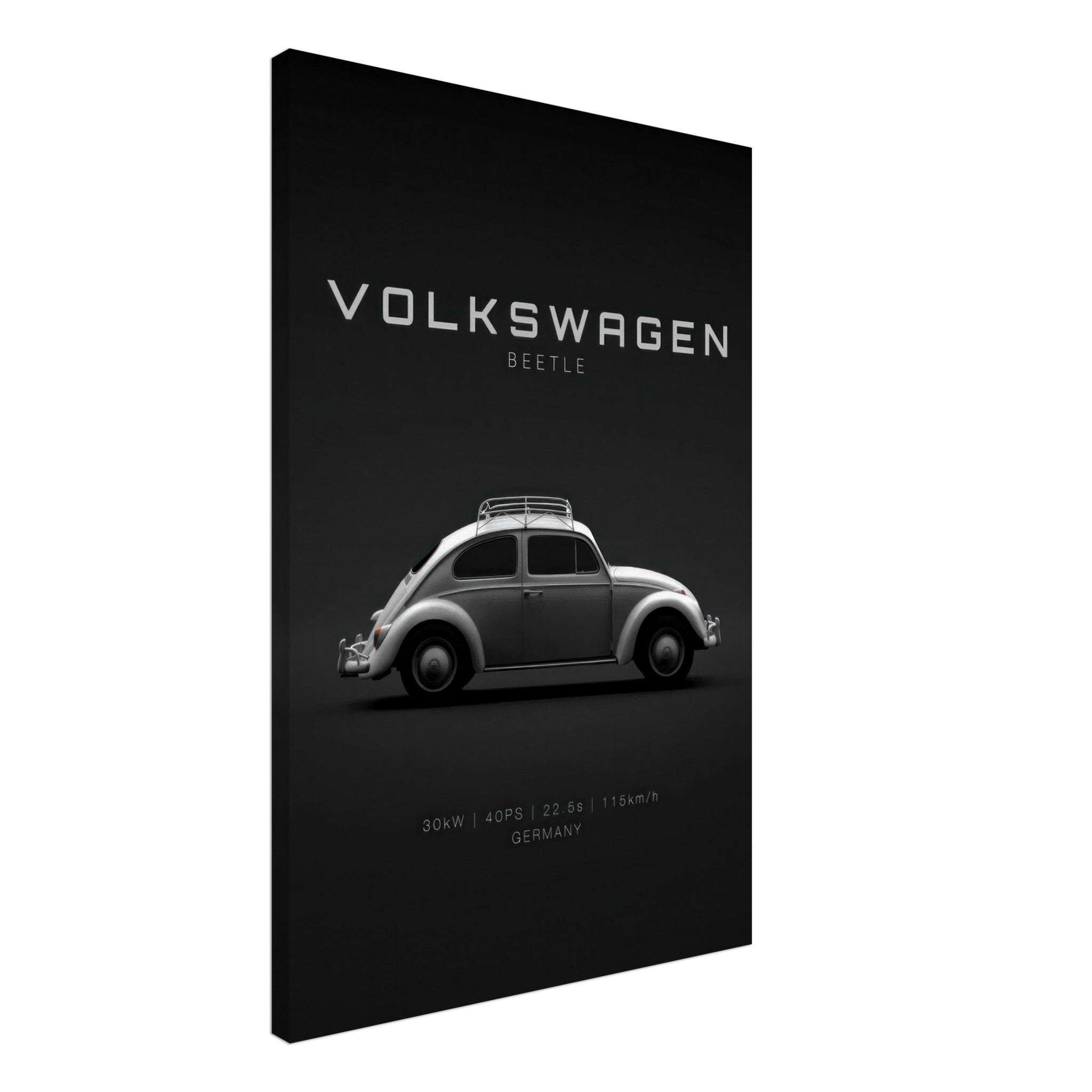 Volkswagen Beetle canvas artwork featuring vintage car silhouette on a sleek black background.