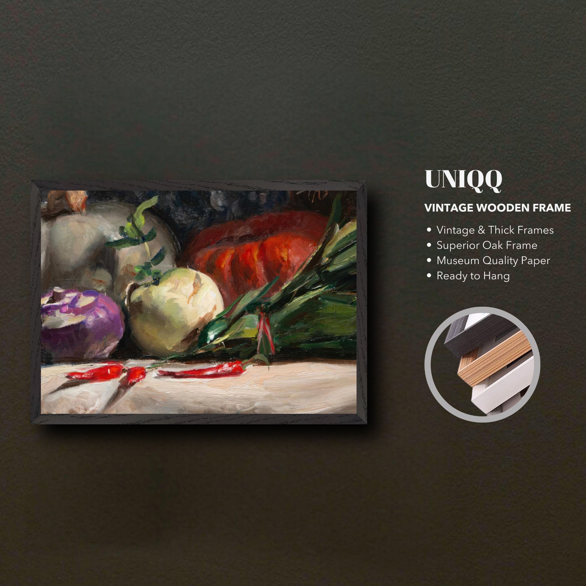 Vintage framed art featuring kohlrabi, pumpkins, and chilis in vibrant colors, perfect for a culinary space.