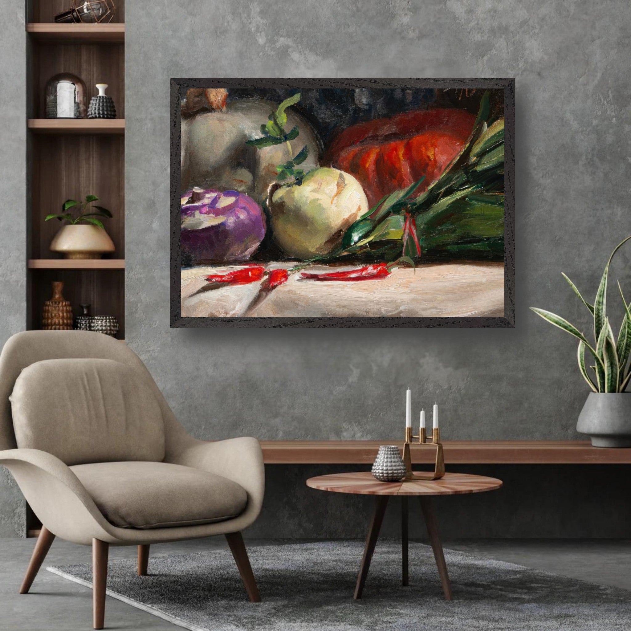Kohlrabi, pumpkins, and chilis oil painting in modern kitchen decor, showcasing rich colors and textures.