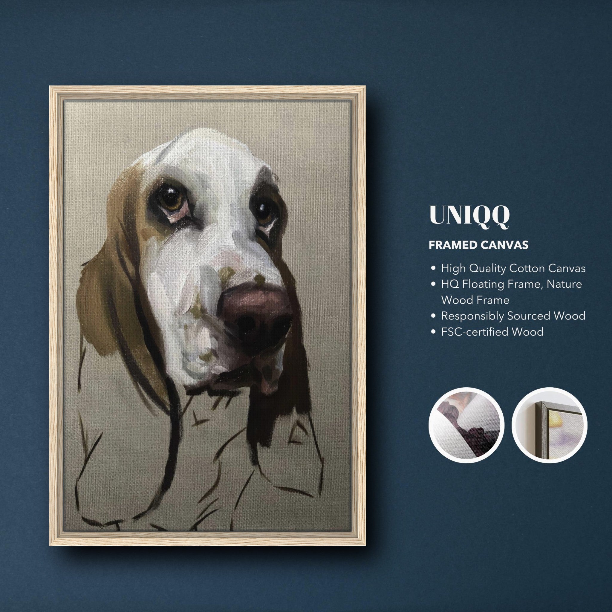 Basset Hound Dog Painting in a framed canvas print, showcasing soulful eyes and droopy ears in earthy tones.