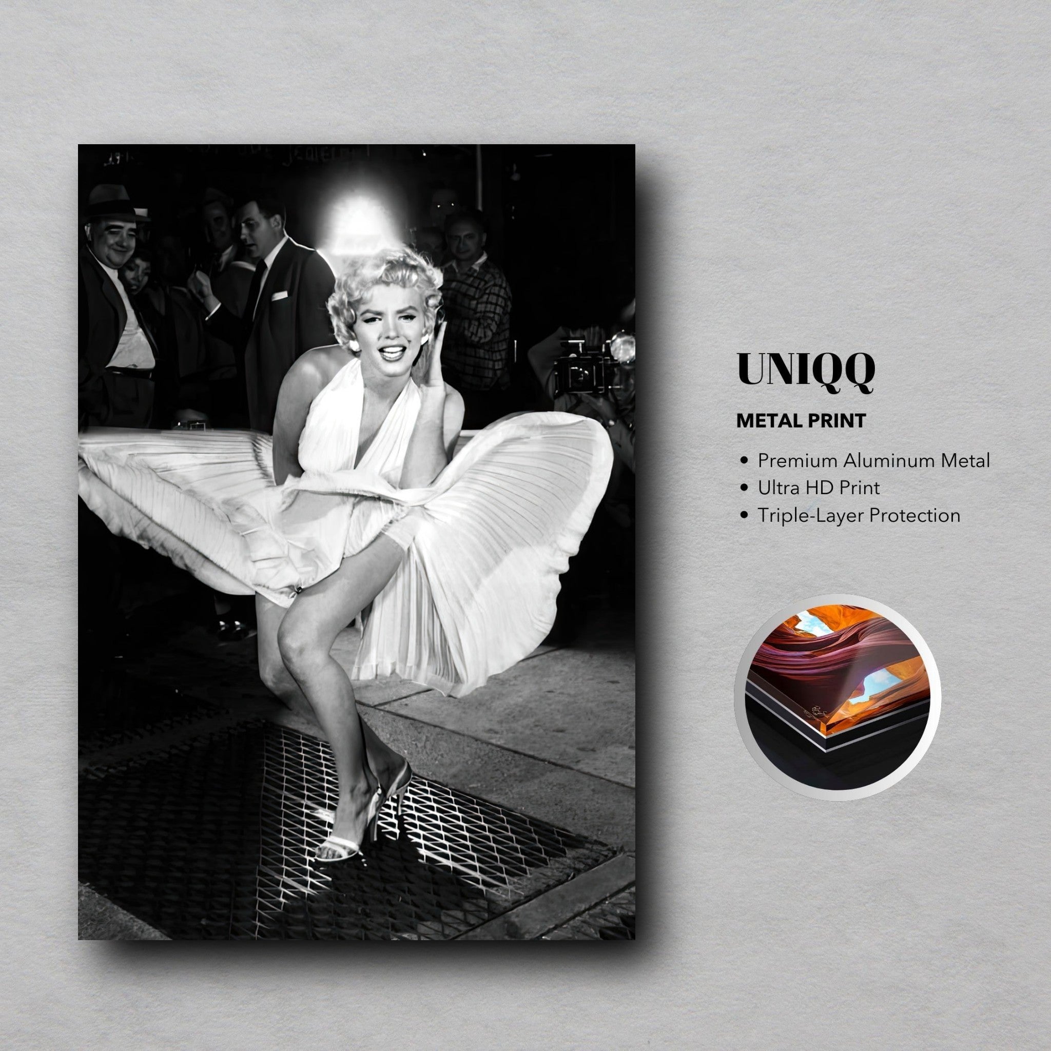 Marilyn Monroe iconic white dress wind-blown photograph metal print capturing her glamorous persona.