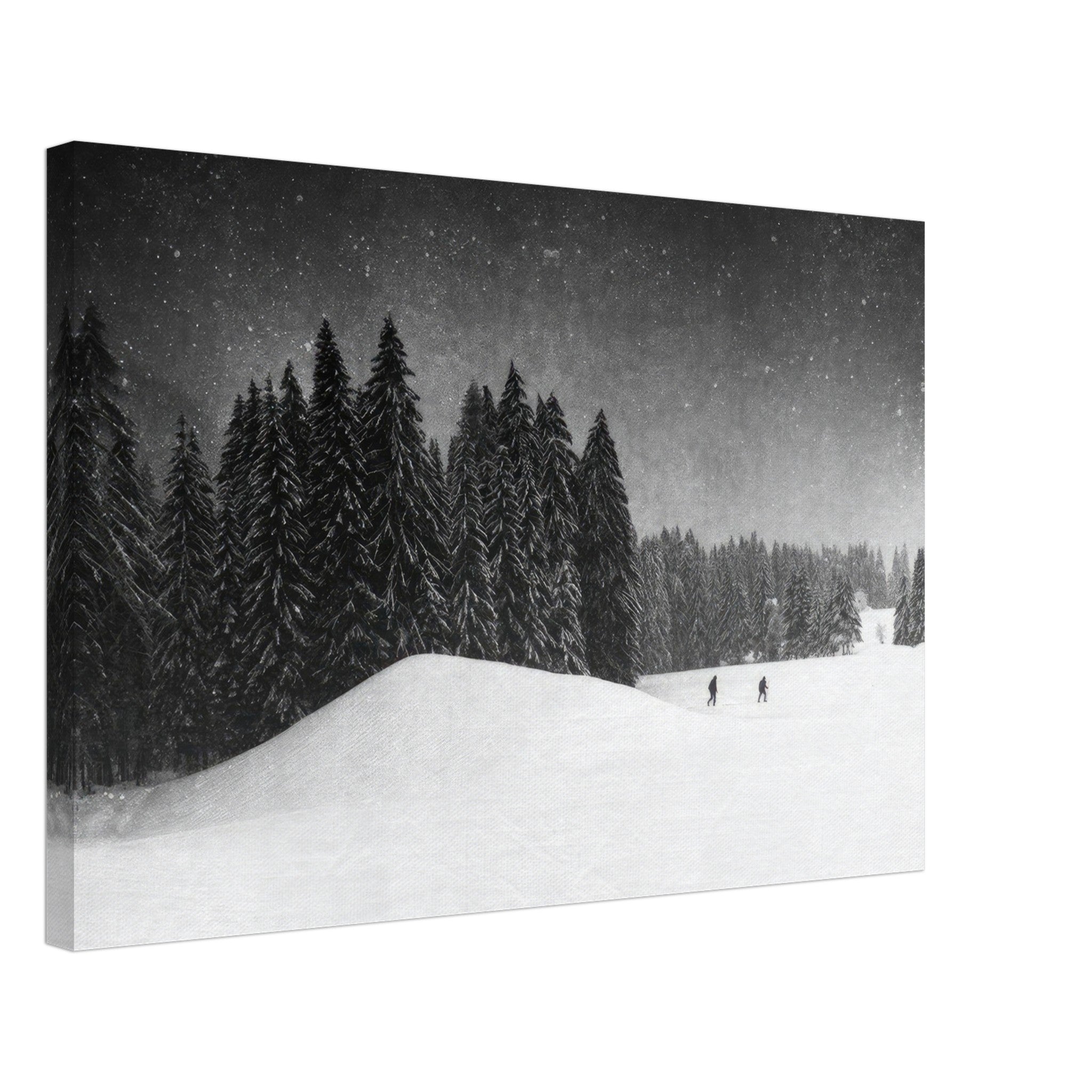 Winter Crossing canvas artwork featuring a serene snow-draped forest with distant figures walking on snow.