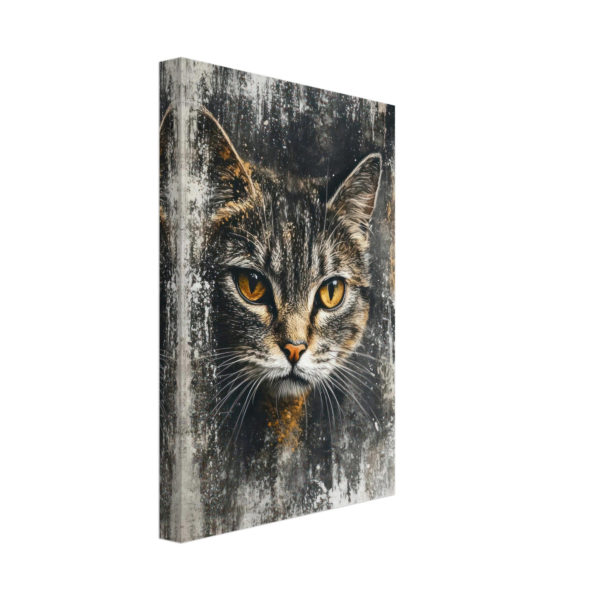 Close-up of a cat's golden eyes on an abstract canvas print, enhancing home decor with elegance.
