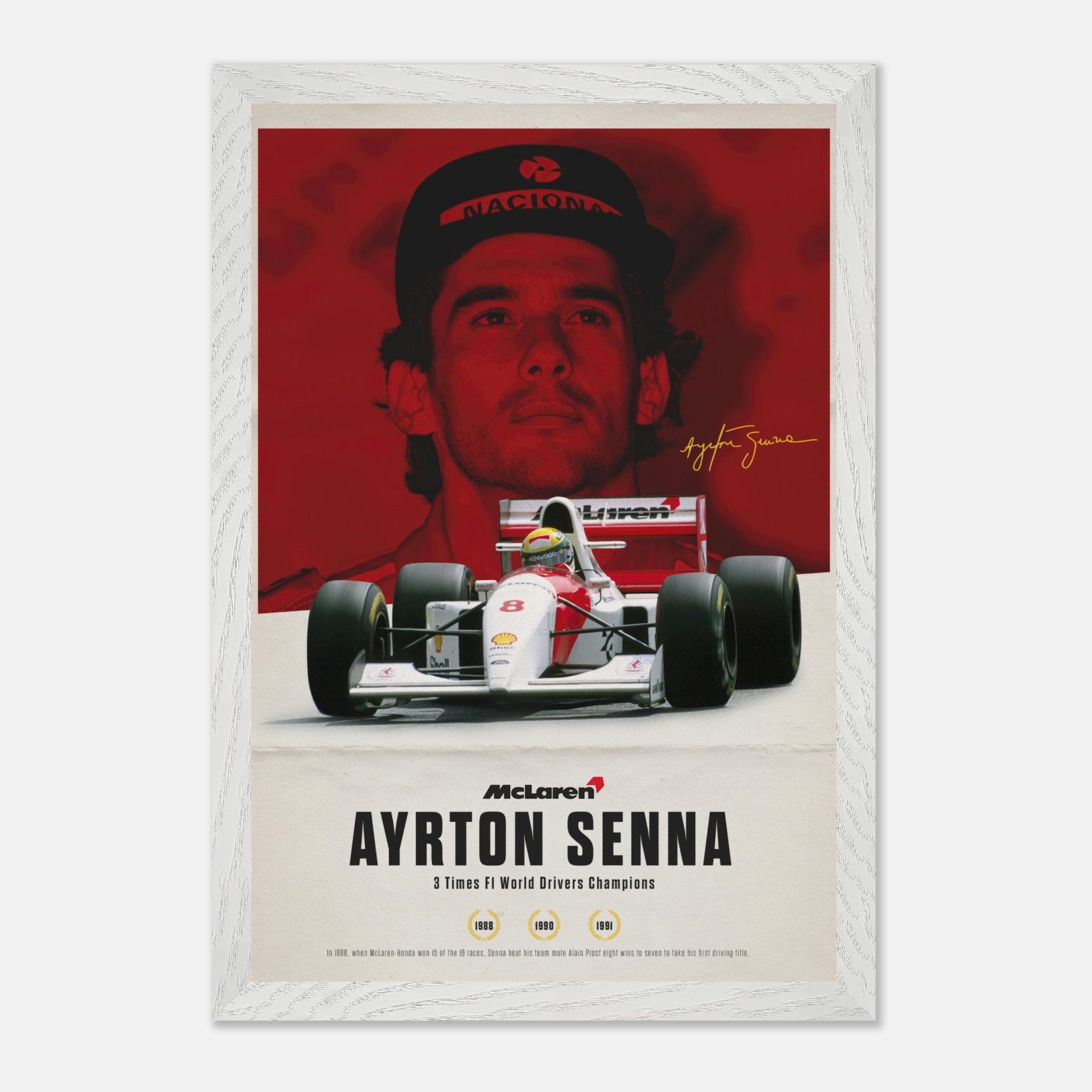 Ayrton Senna vintage framed art featuring McLaren car and portrait with signature and championship years.