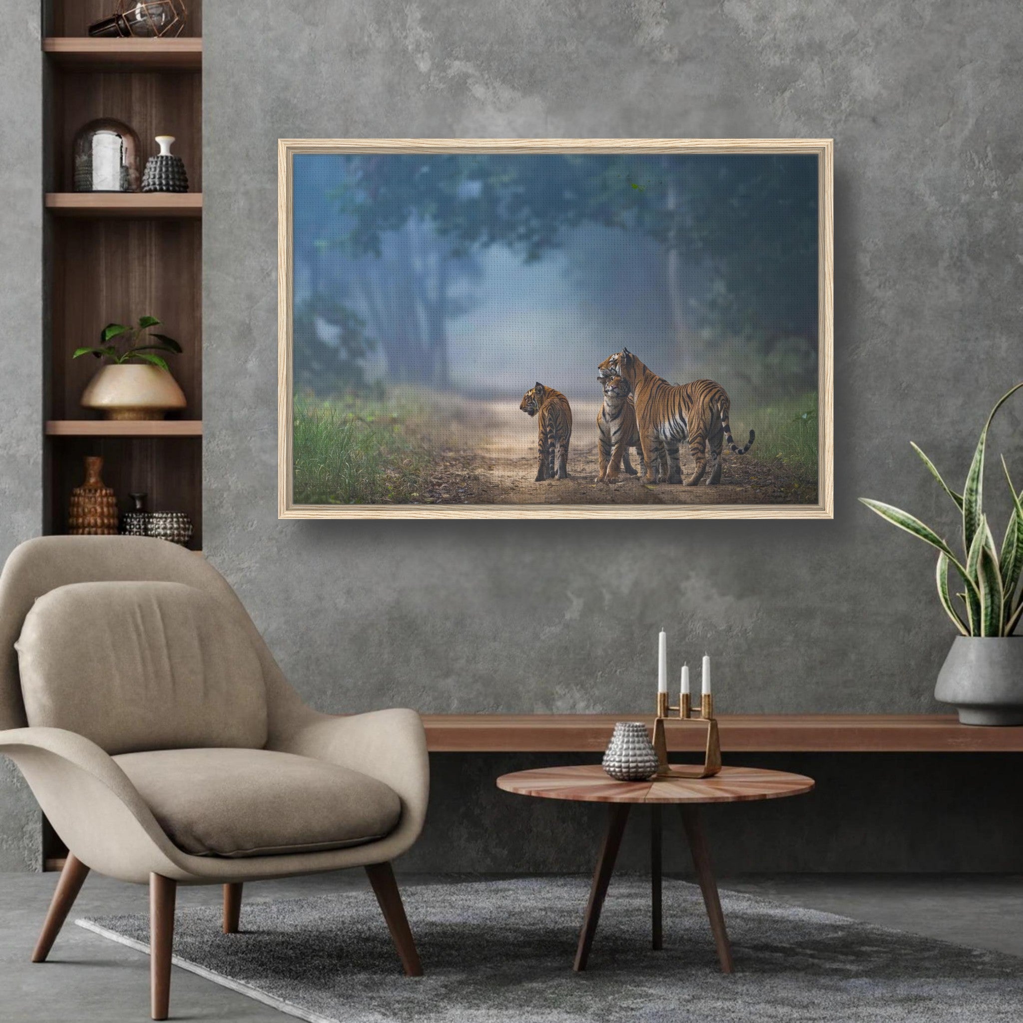 Framed canvas print of a tiger family in a serene forest, showcasing nature's beauty and warmth.