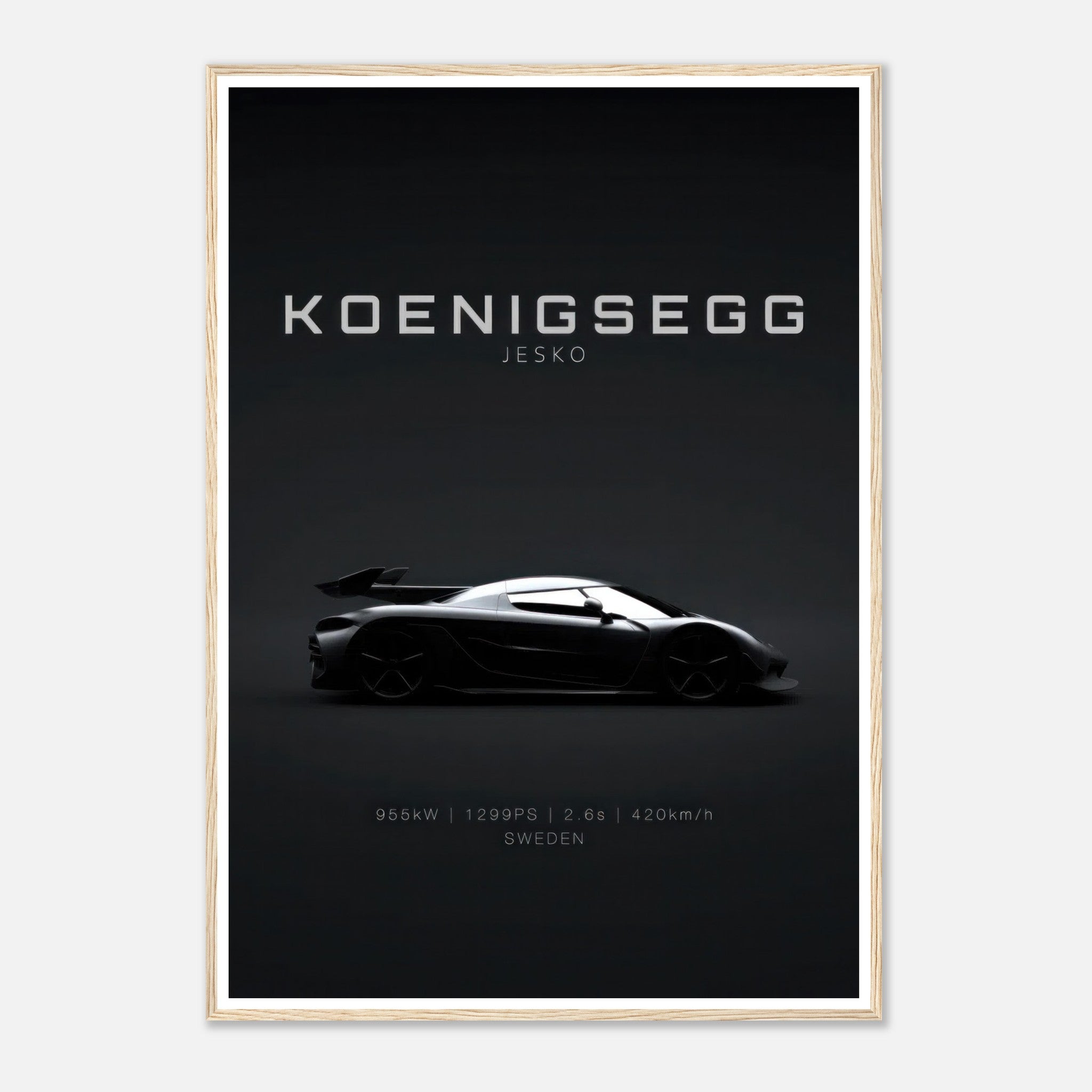 Koenigsegg Jesko framed poster showcasing sleek silhouette on minimalist black background.