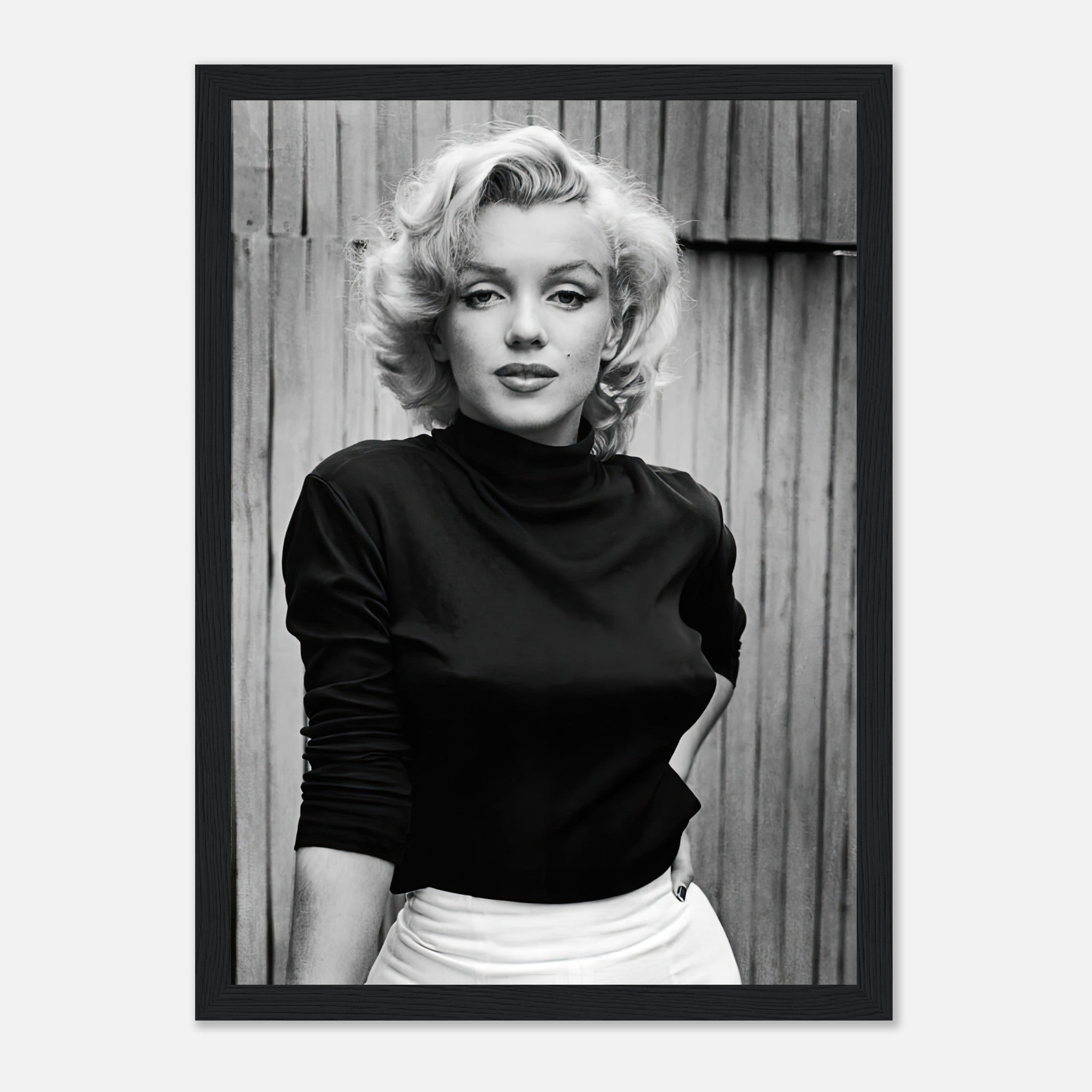 Marilyn Monroe black-and-white portrait framed print showcasing timeless elegance and Hollywood glamour.