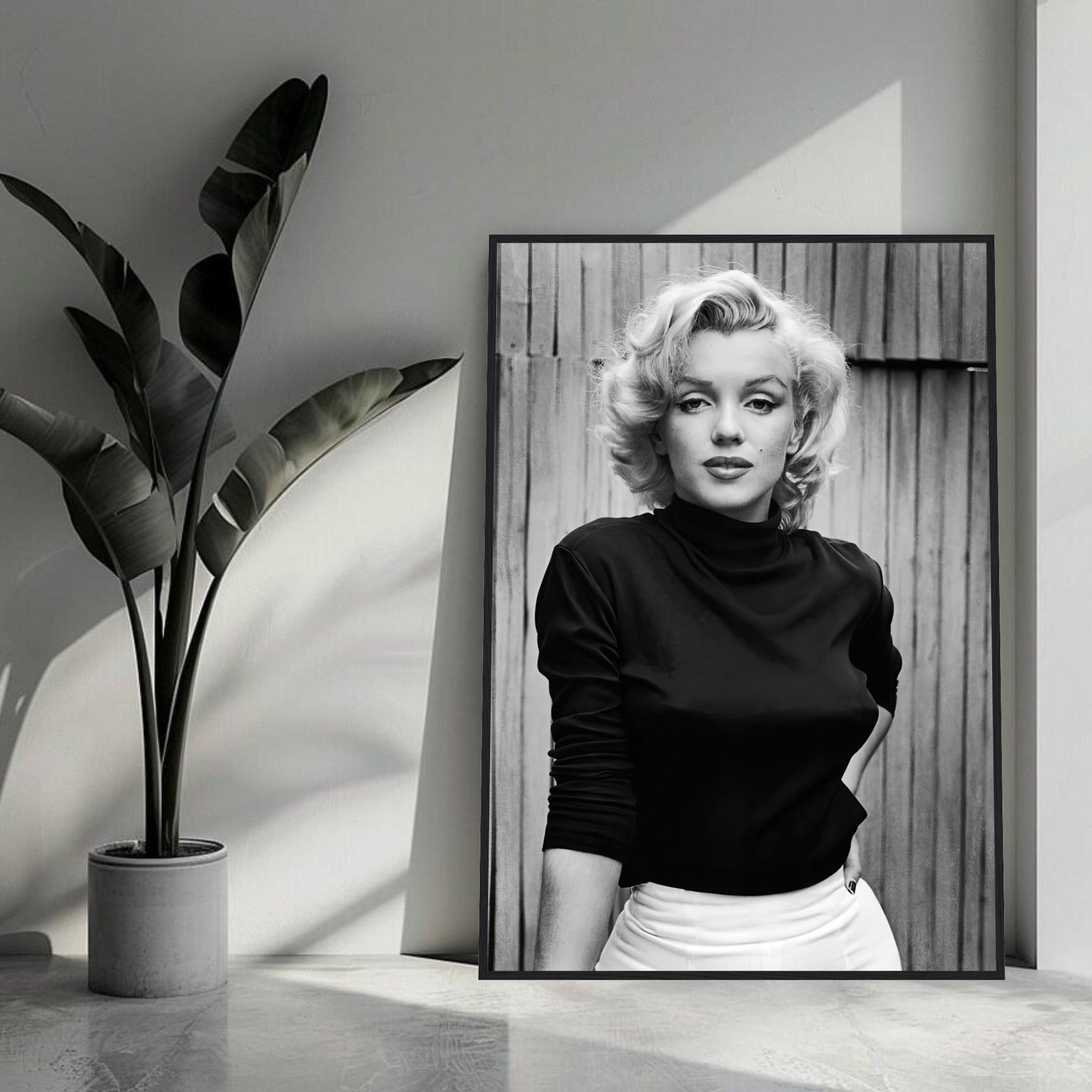 Marilyn Monroe Portrait framed print showcasing iconic black-and-white image in elegant home decor setting.