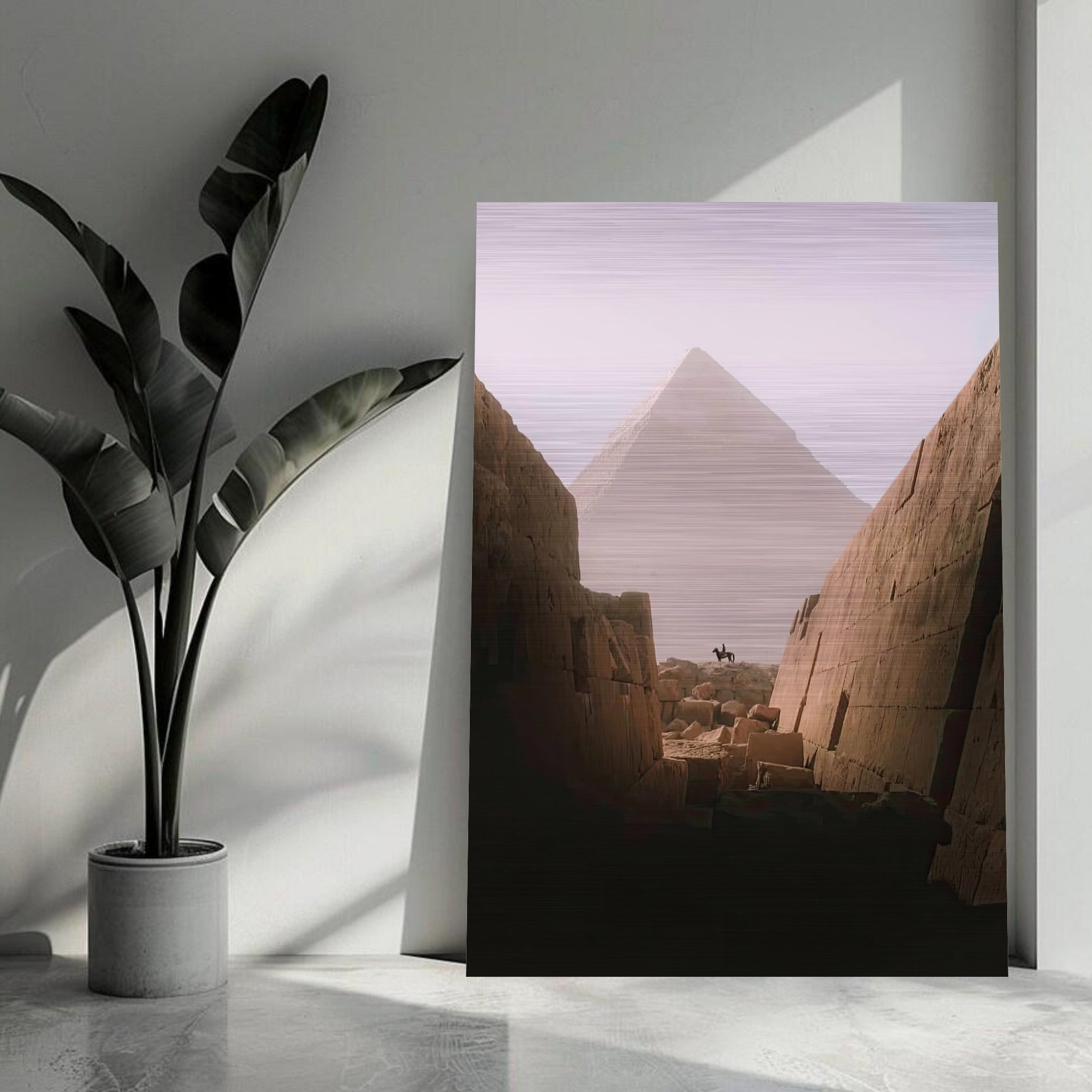 Brushed metal artwork of a lone rider near the Great Pyramid of Giza, showcasing ancient Egypt's majesty and mystery.