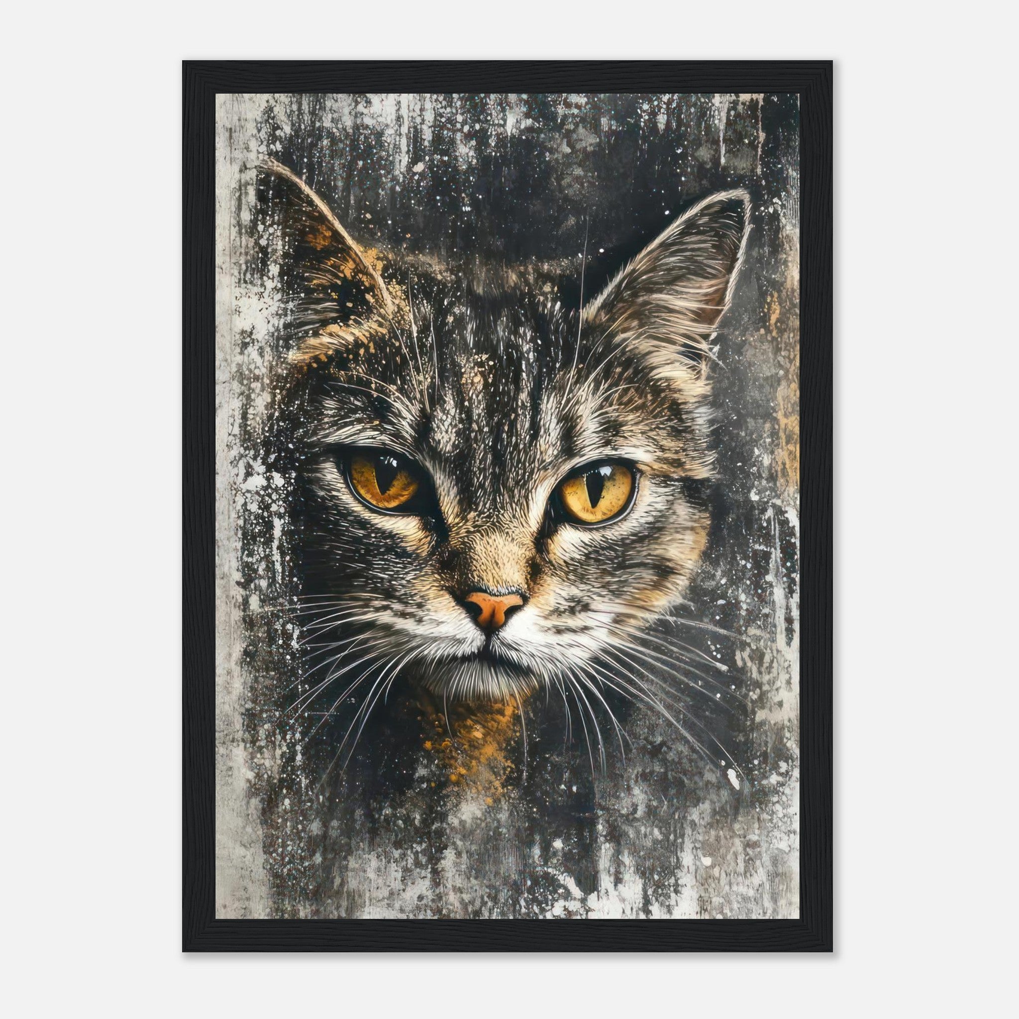 Framed print of a cat painting showcasing piercing golden eyes and textured background for elegant home decor.