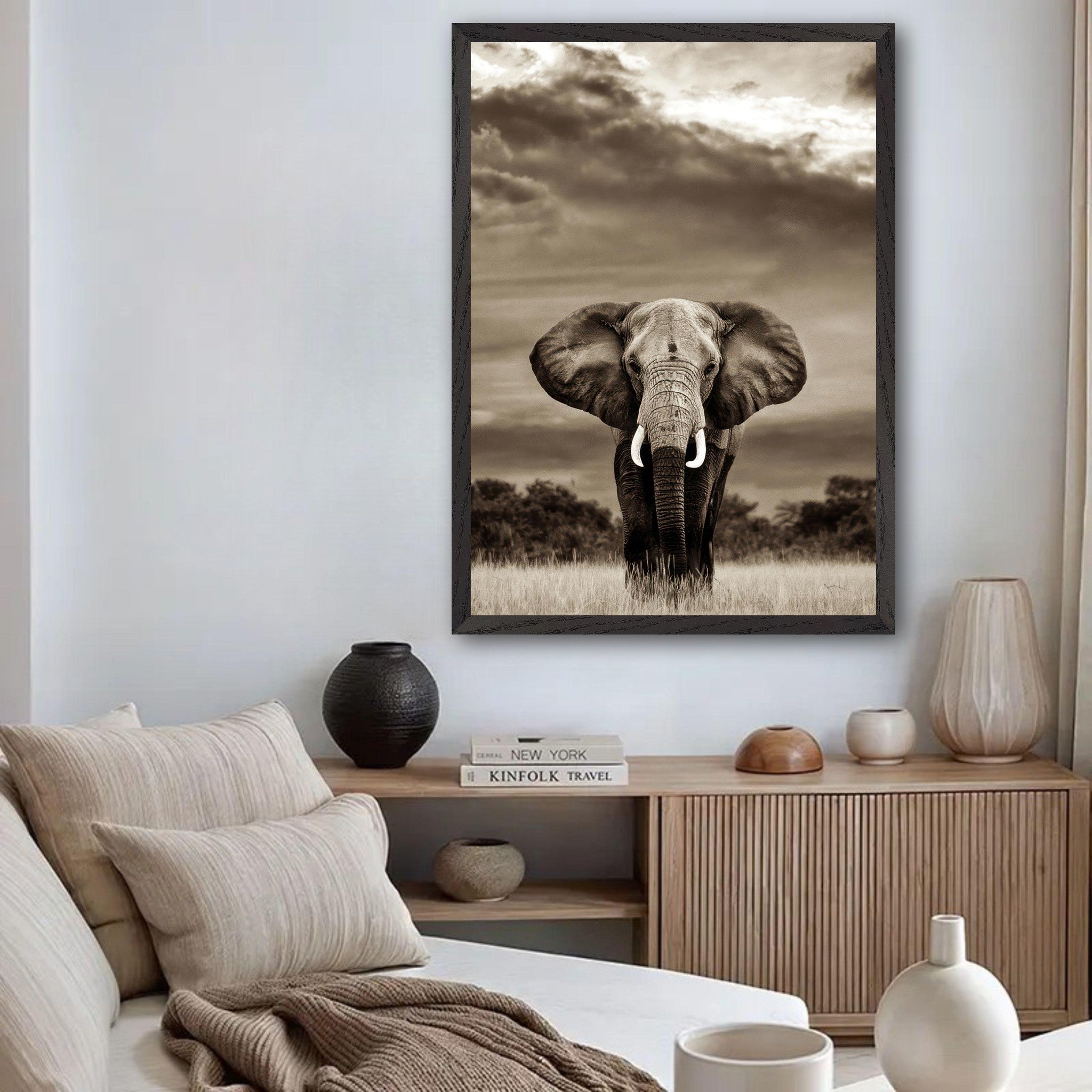 Museum quality elephant portrait photography print in a modern living room, showcasing strength and grace.