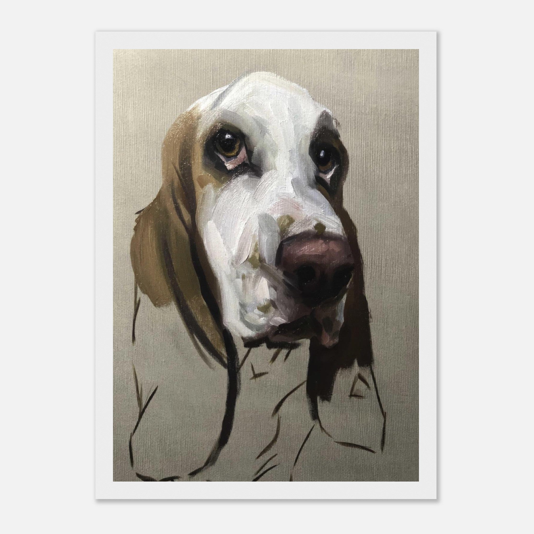 Basset Hound dog painting framed print showcasing expressive brushstrokes and soulful features.