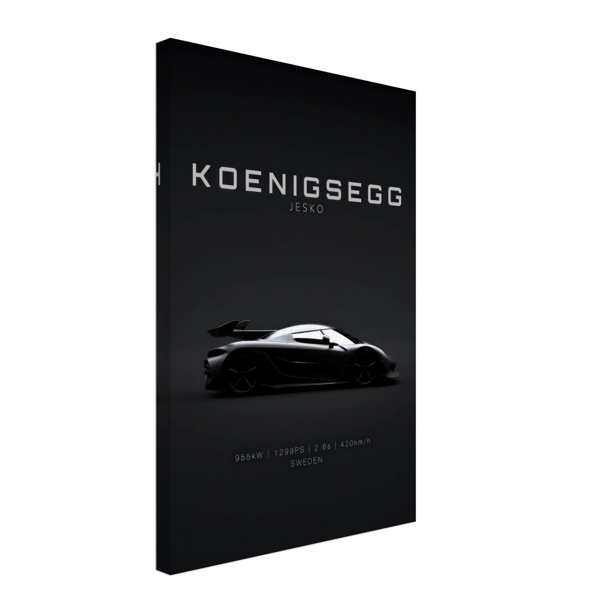 Koenigsegg Jesko canvas art showcasing sleek silhouette on a minimalistic black background, celebrating Swedish hypercar engineering.