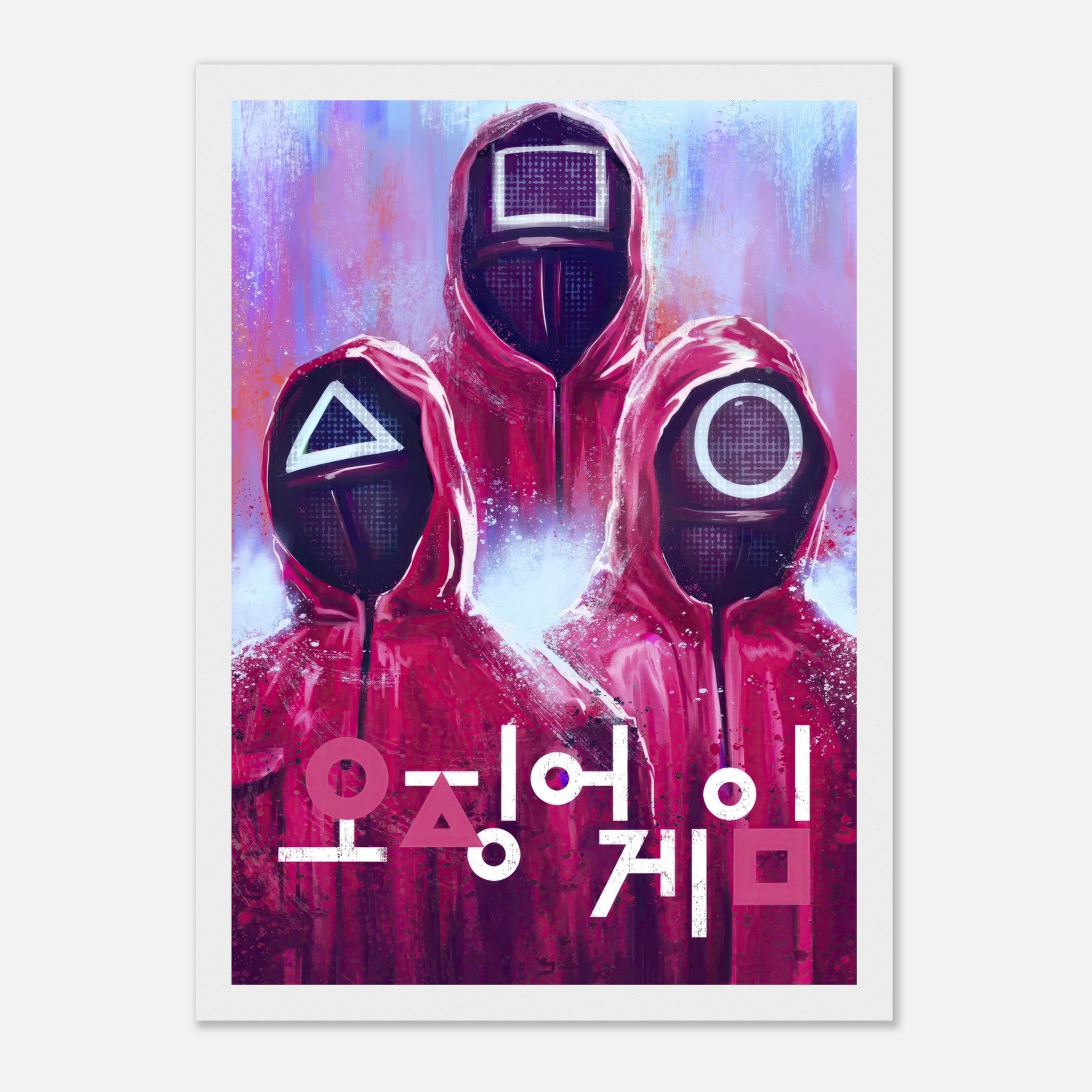 Squid Game framed poster featuring iconic guards in red suits and geometric masks with vibrant colors and Korean typography.