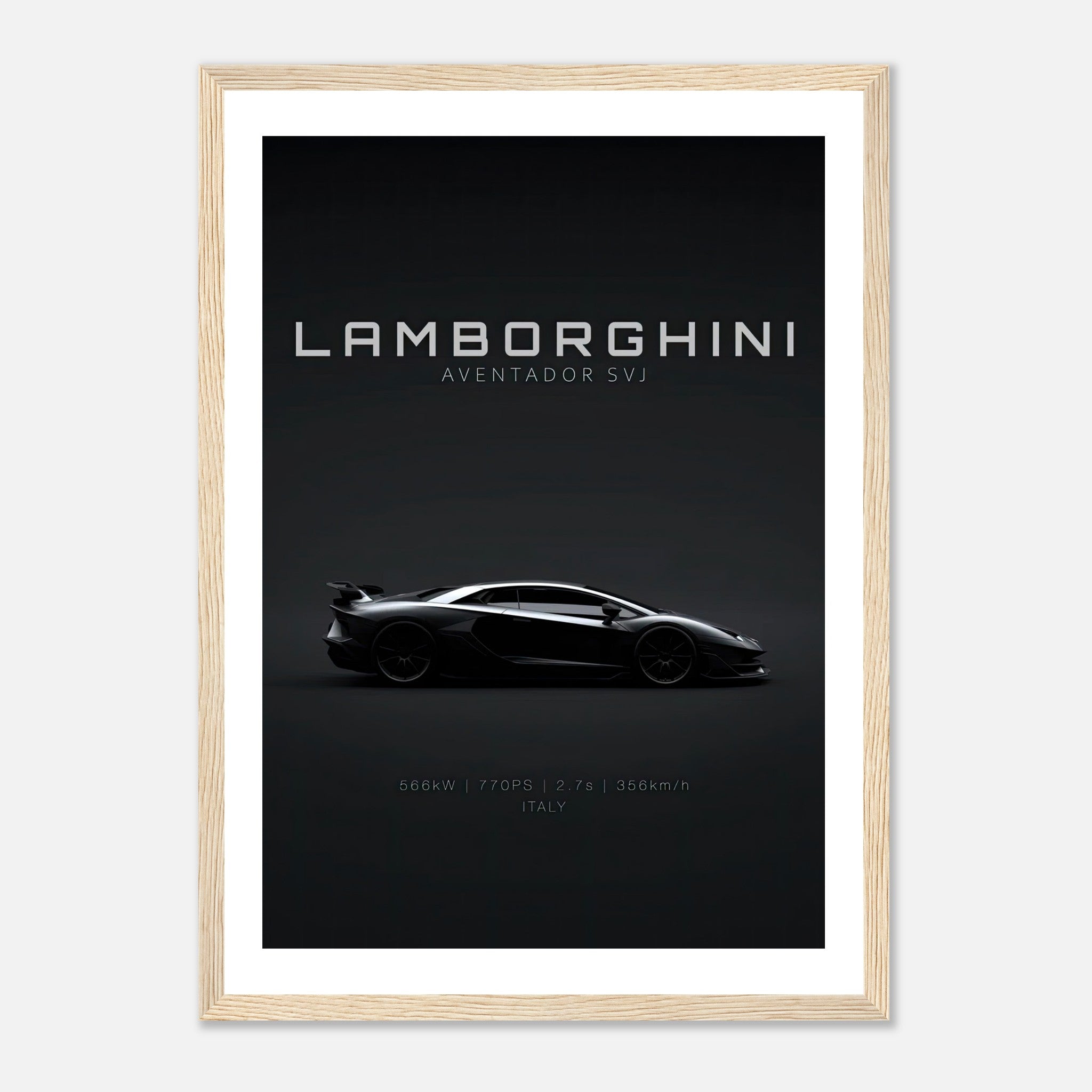 Lamborghini Aventador SVJ framed poster showcasing sleek design and stunning silhouette.