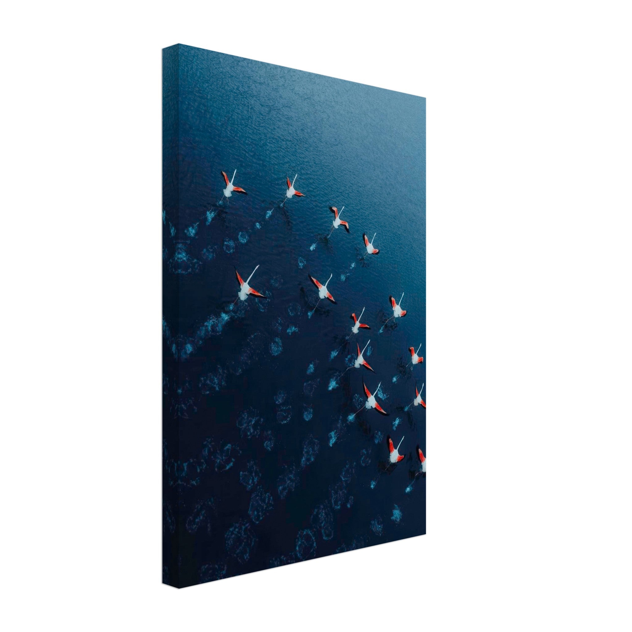 Flamingos in flight captured by drone photography on a canvas print over deep blue water.