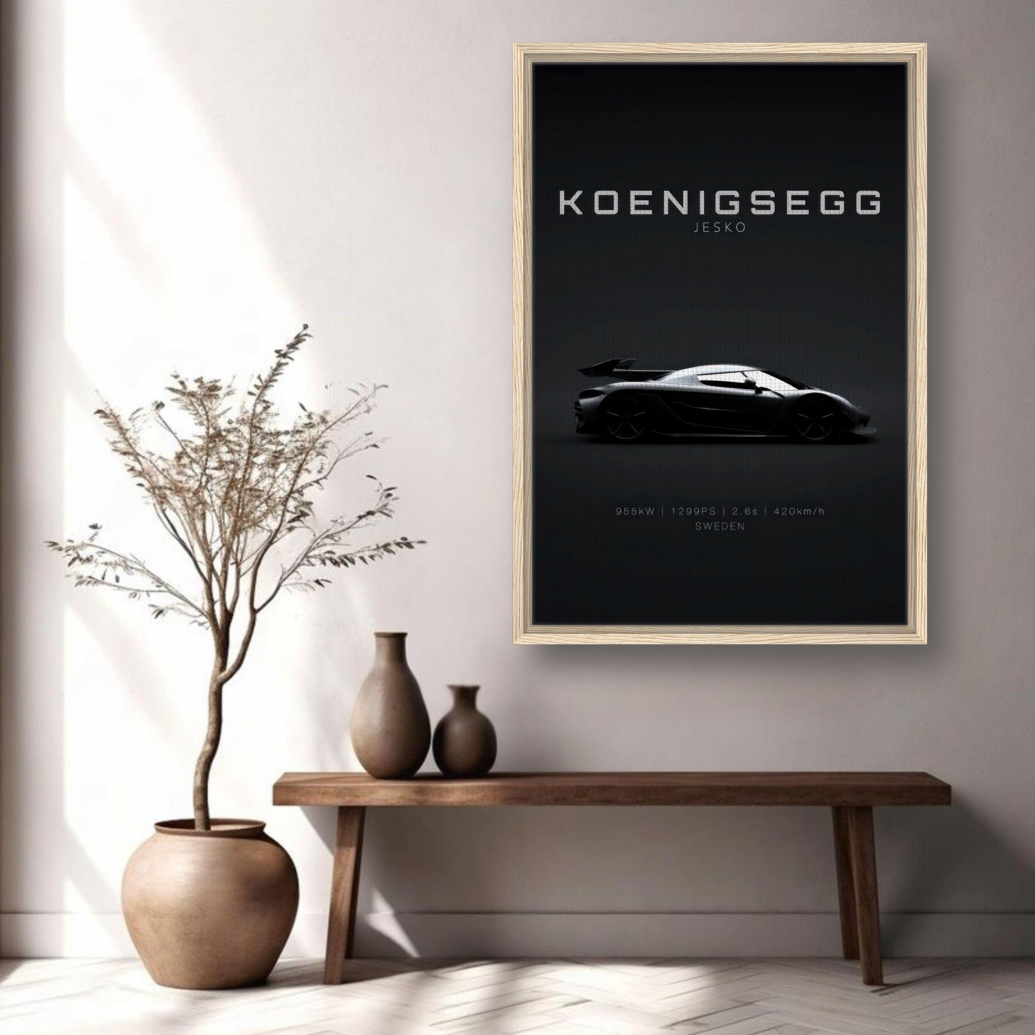 Koenigsegg Jesko framed canvas print displaying sleek hypercar silhouette on minimalist black background in modern decor.