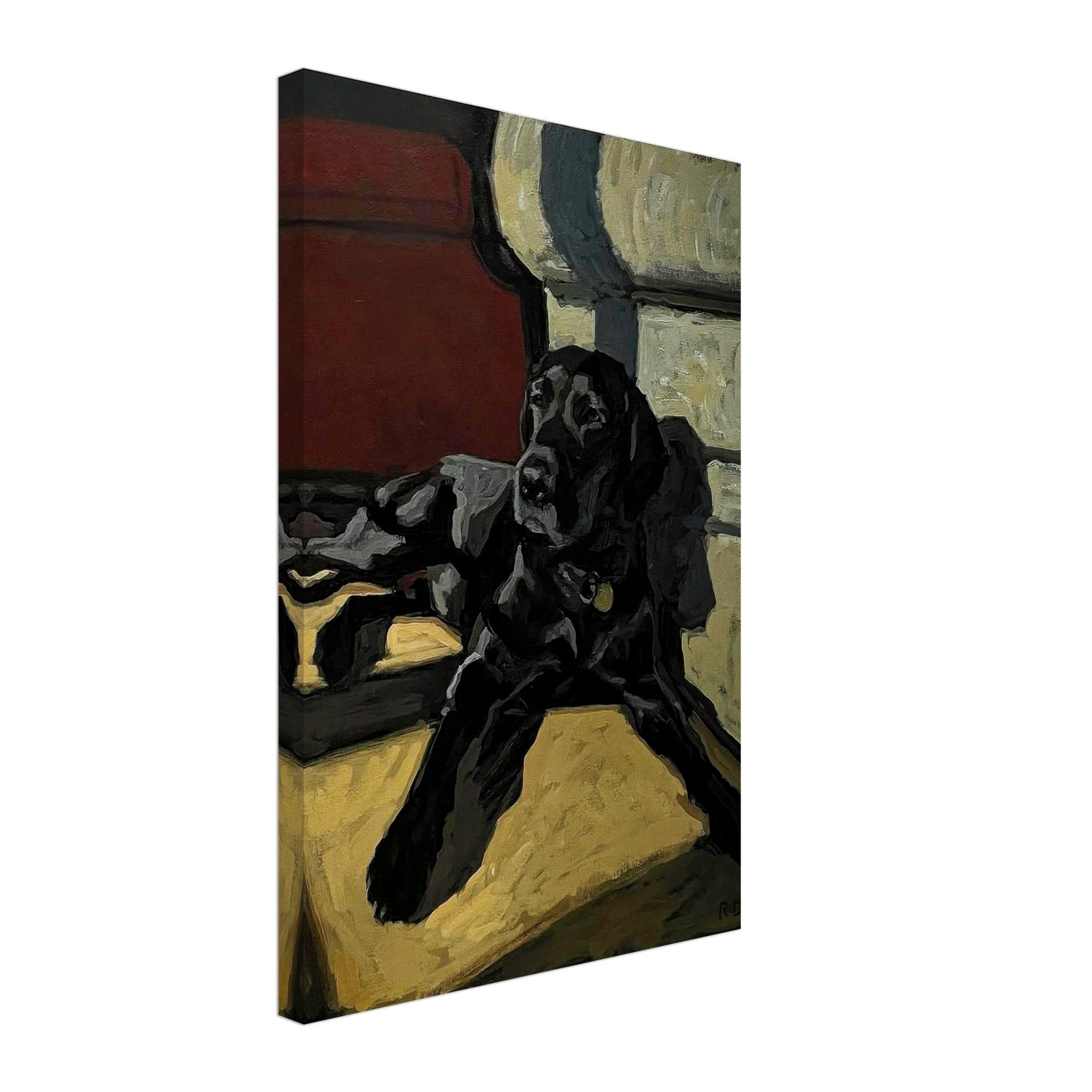 Black Labrador dog painting canvas print showcasing a relaxed black Labrador in rich earthy tones.