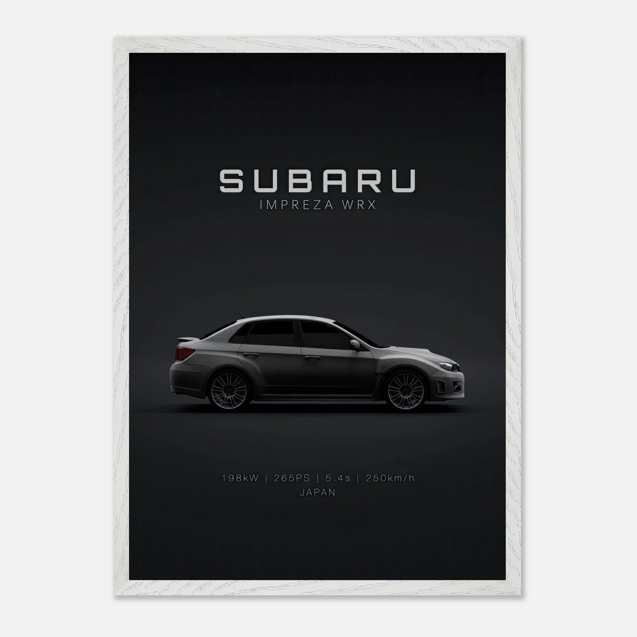 Subaru Impreza WRX vintage framed art showcasing sleek design and detailed specs on a minimalist background.
