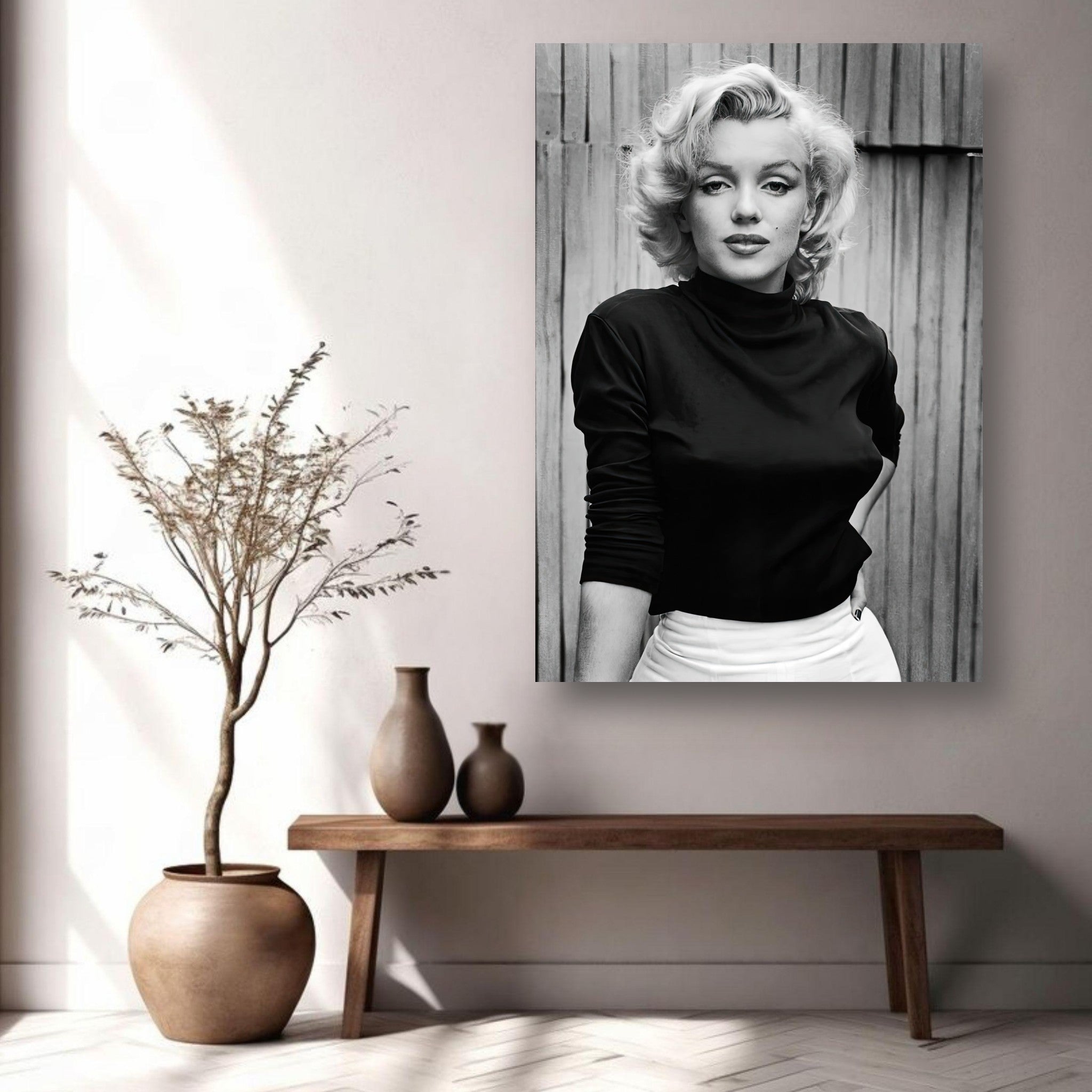 Marilyn Monroe portrait metal print in elegant home décor, showcasing Hollywood's classic charm.