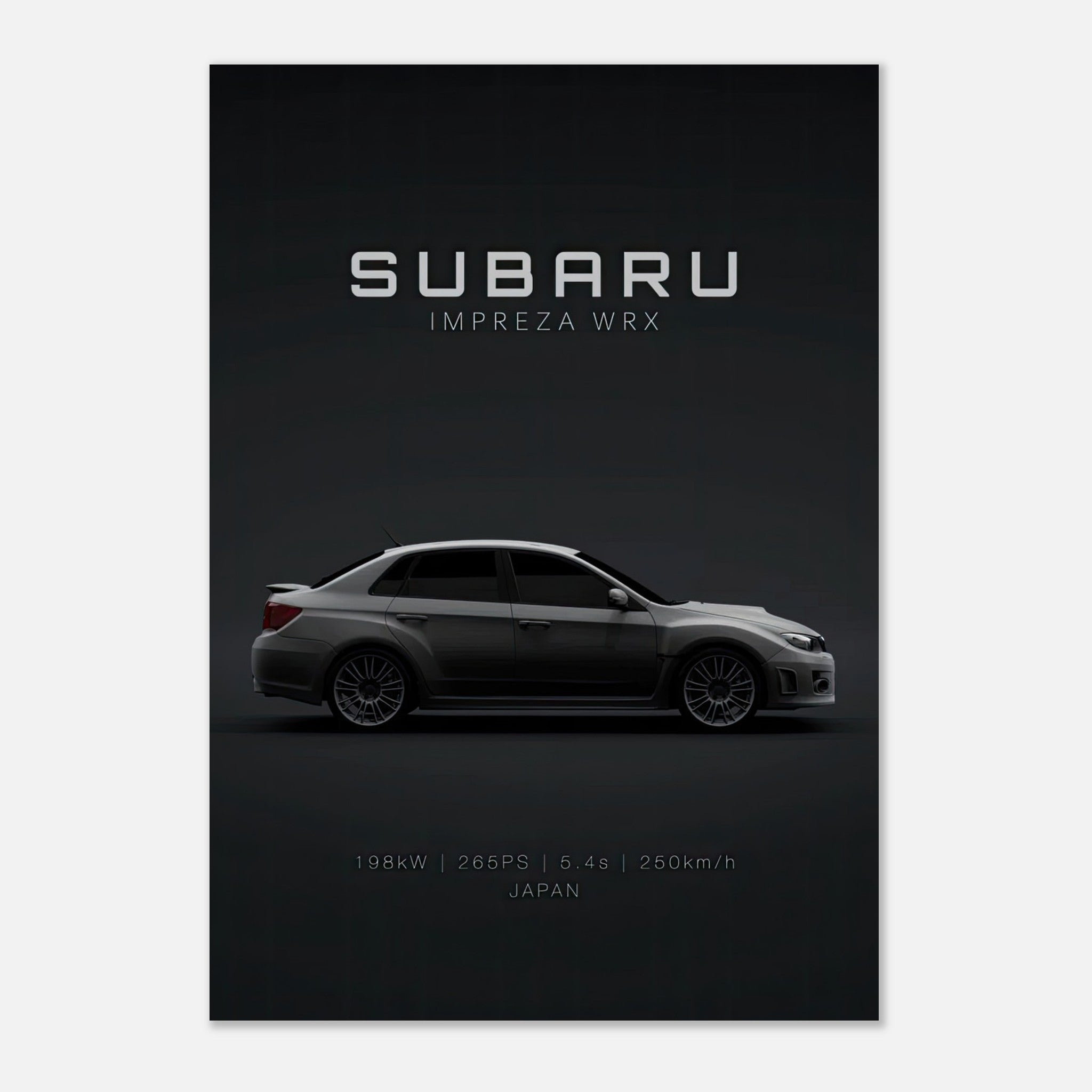 Subaru Impreza WRX metal print showcasing a sleek side profile against a dark background.