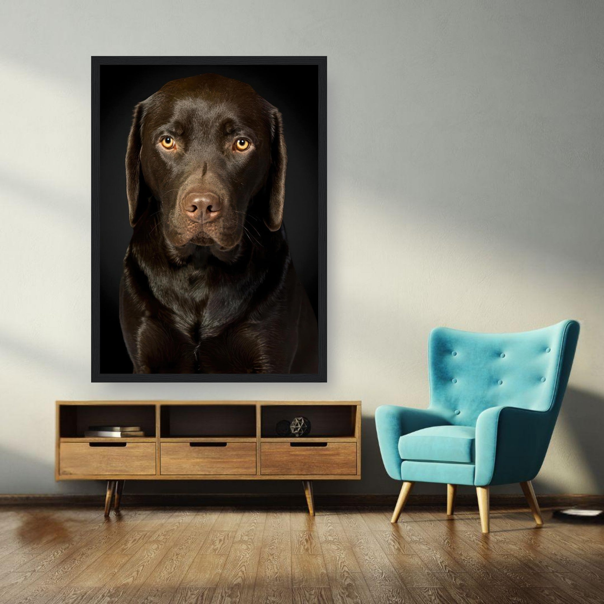 Chocolate Labrador framed portrait on wall in modern living room setting