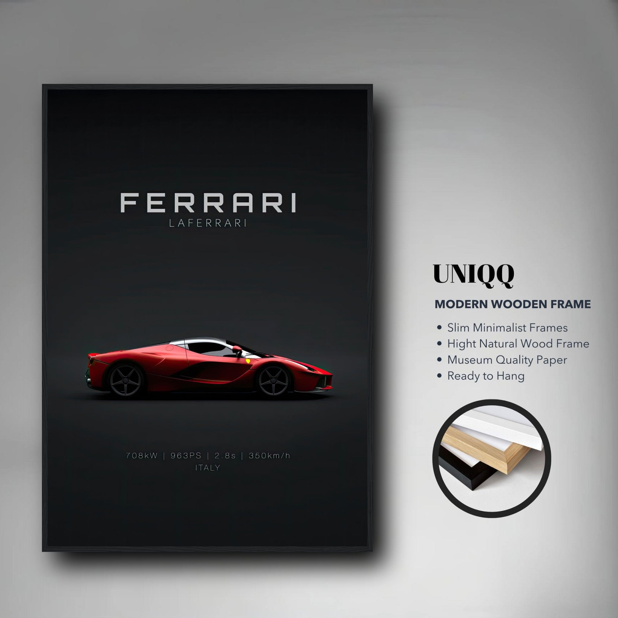 Ferrari Laferrari framed poster featuring a sleek red hypercar design against a dark background, ready to hang.