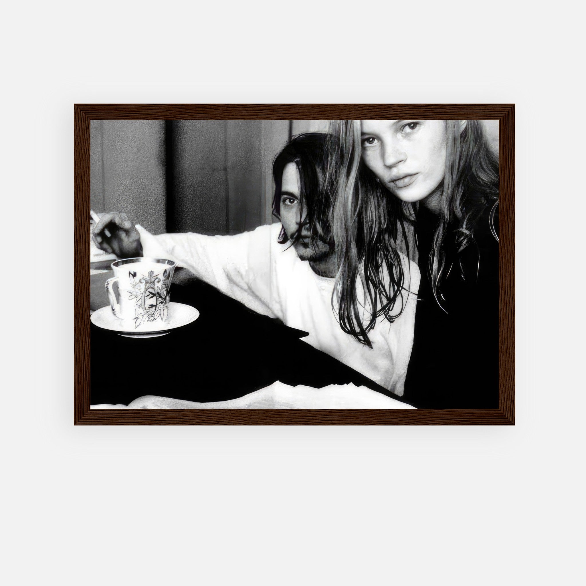 Framed print of Johnny Depp and Kate Moss in black and white, capturing the essence of 1990s rebellious romance.