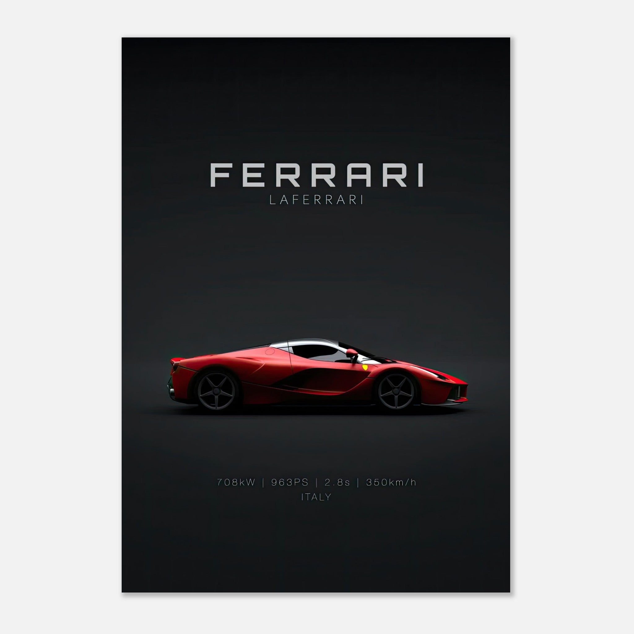 Ferrari Laferrari poster featuring a striking side profile of the red hybrid hypercar on a black background.