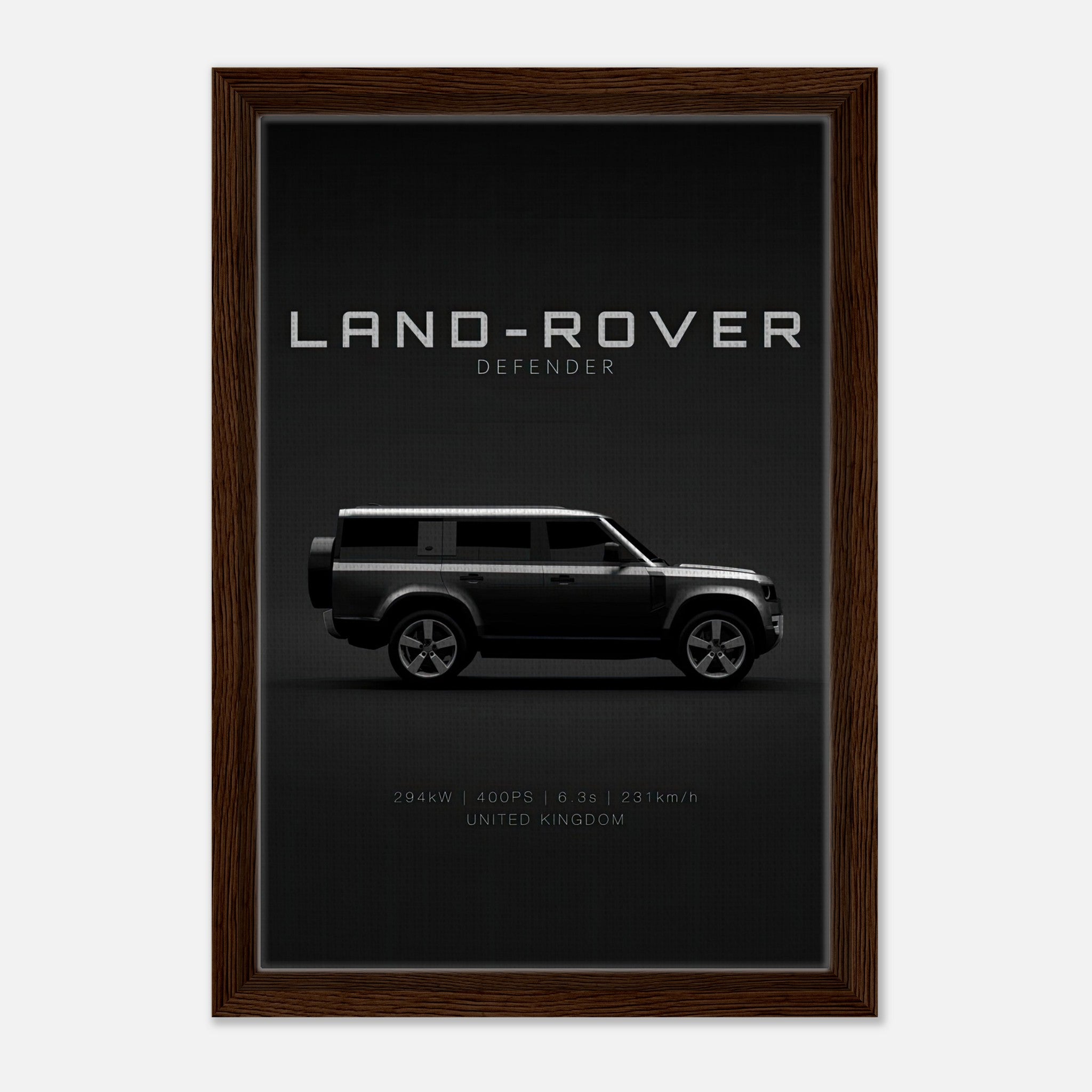 Framed canvas print of a Land Rover Defender, showcasing its sleek profile against a bold black background.