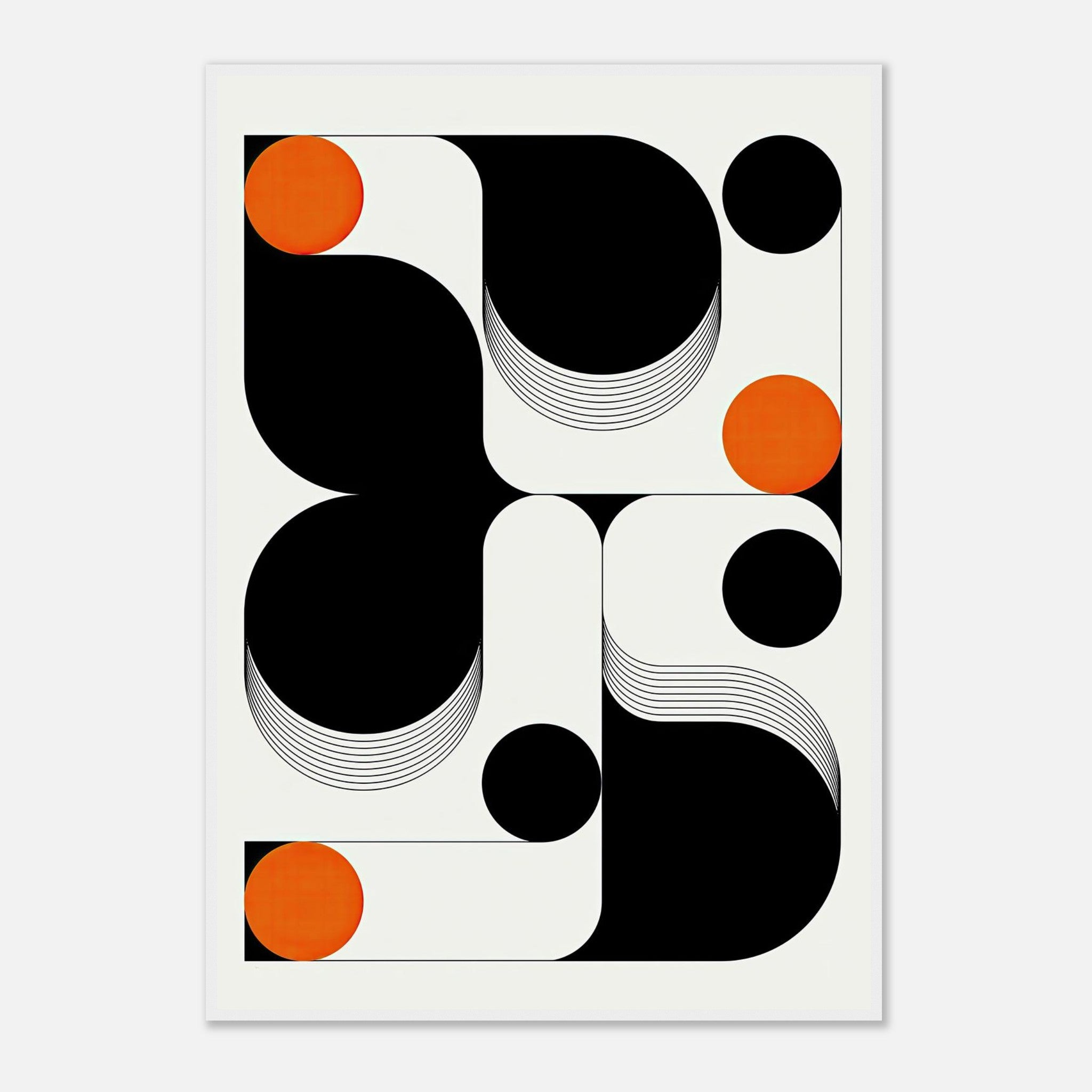 Modern geometric abstract art print featuring black, white, and vibrant orange shapes in a stylish framed design.