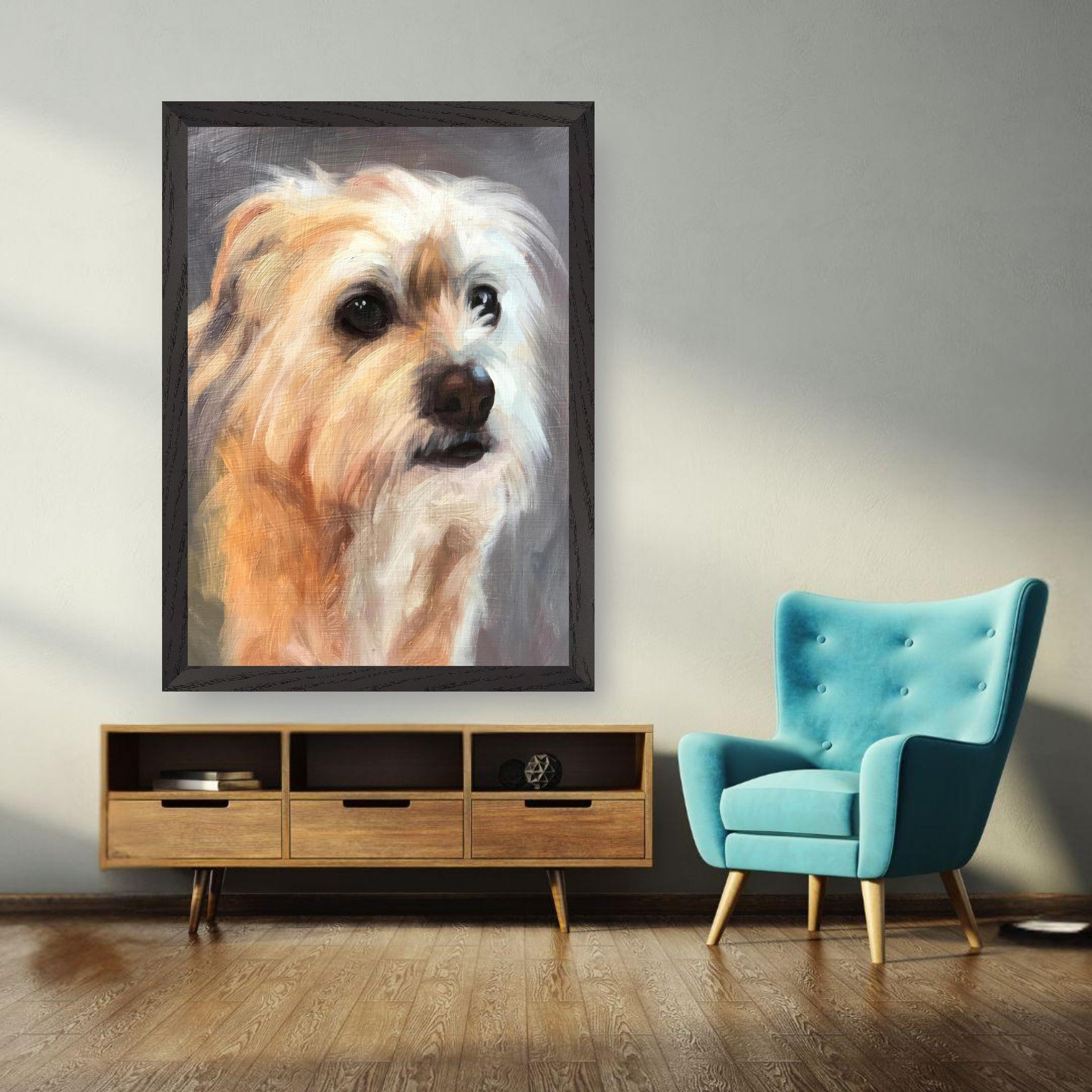 Vintage framed painting of a terrier dog displayed in a stylish living room with modern furniture.