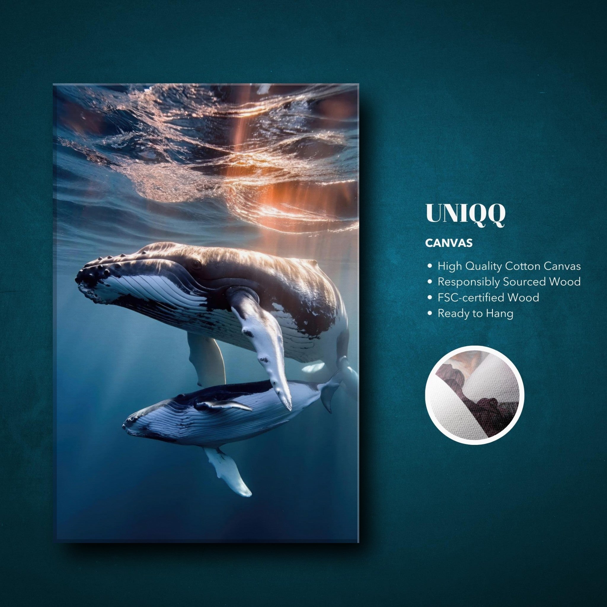 Underwater photography canvas print of a mother humpback whale and calf swimming gracefully in blue ocean water.