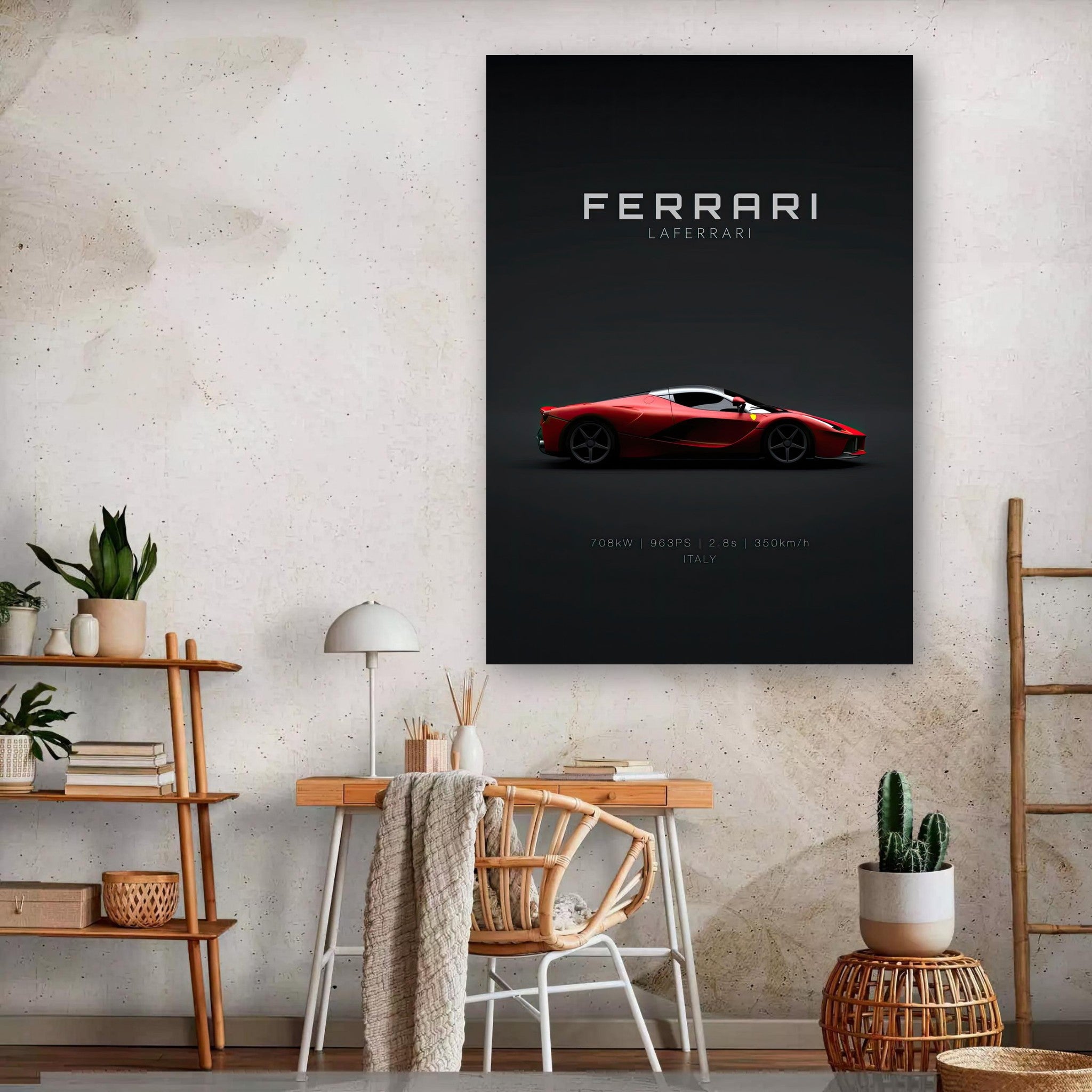 Ferrari Laferrari metal poster in red showcasing sleek design on minimalist black background in stylish room