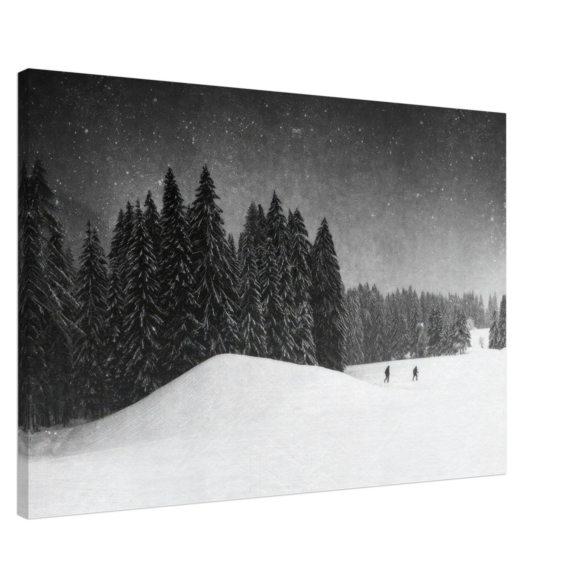 Winter Crossing canvas artwork featuring a serene snowy forest with figures walking through the tranquil landscape.