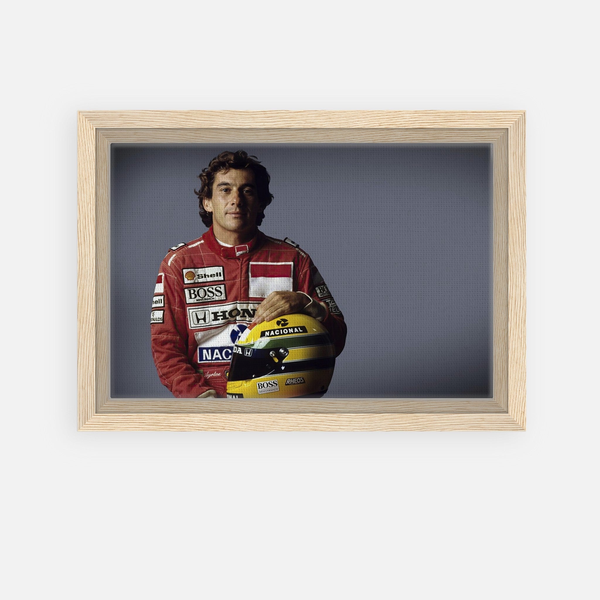 Ayrton Senna framed canvas print showcasing rich details and vibrant colors, ideal for motorsport fans.