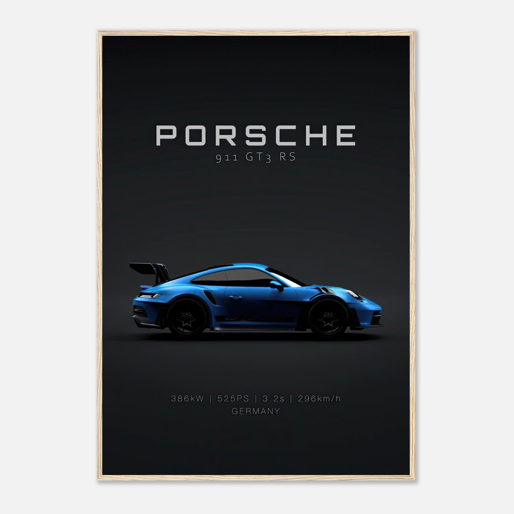 Porsche 911 GT3 RS framed poster showcasing elegant design and performance stats on a dark background.