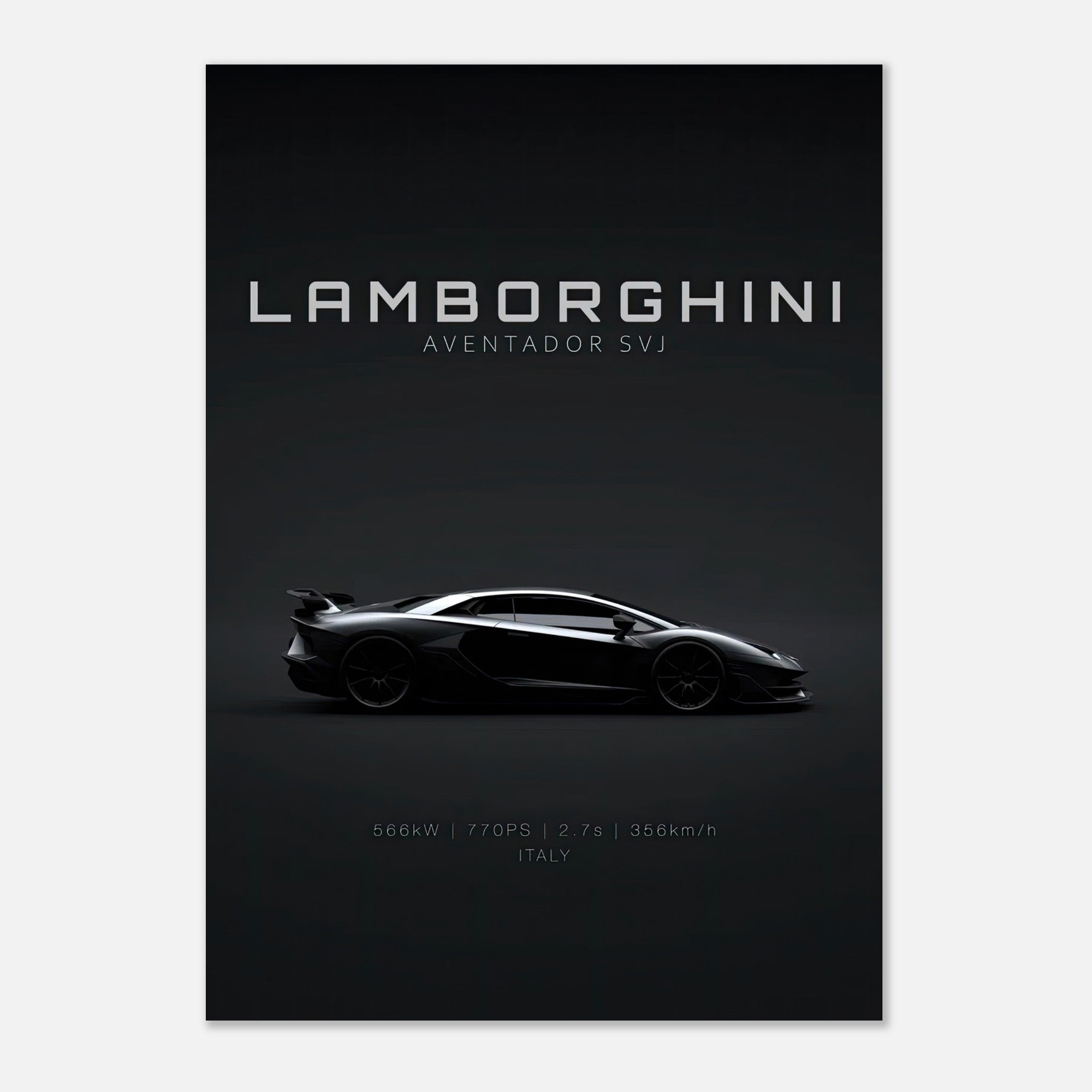 Lamborghini Aventador SVJ poster showcasing the sleek supercar silhouette and performance specs in high definition.
