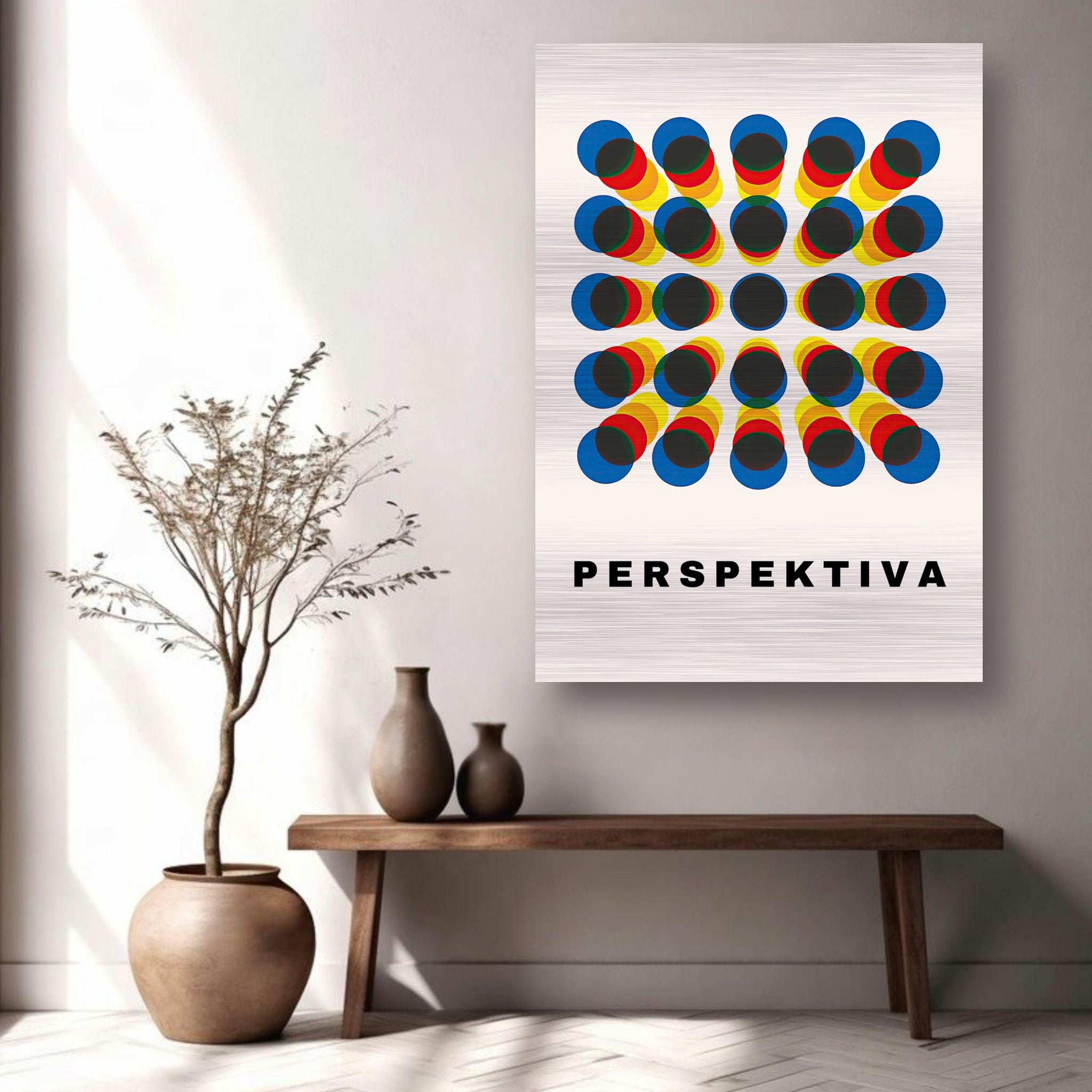 Perspective Abstract Art print in brushed metal showcasing vibrant colors and bold geometric shapes in a modern interior.