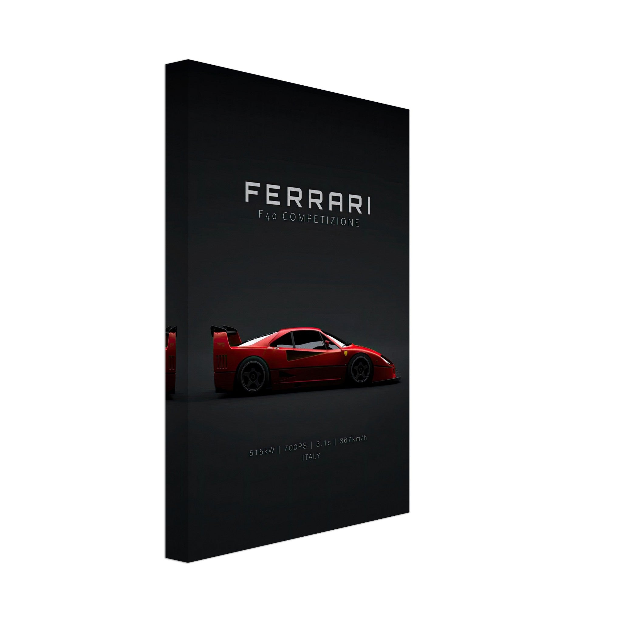 Ferrari F40 Competizione canvas artwork featuring a sleek red supercar silhouette on a minimalist black background.